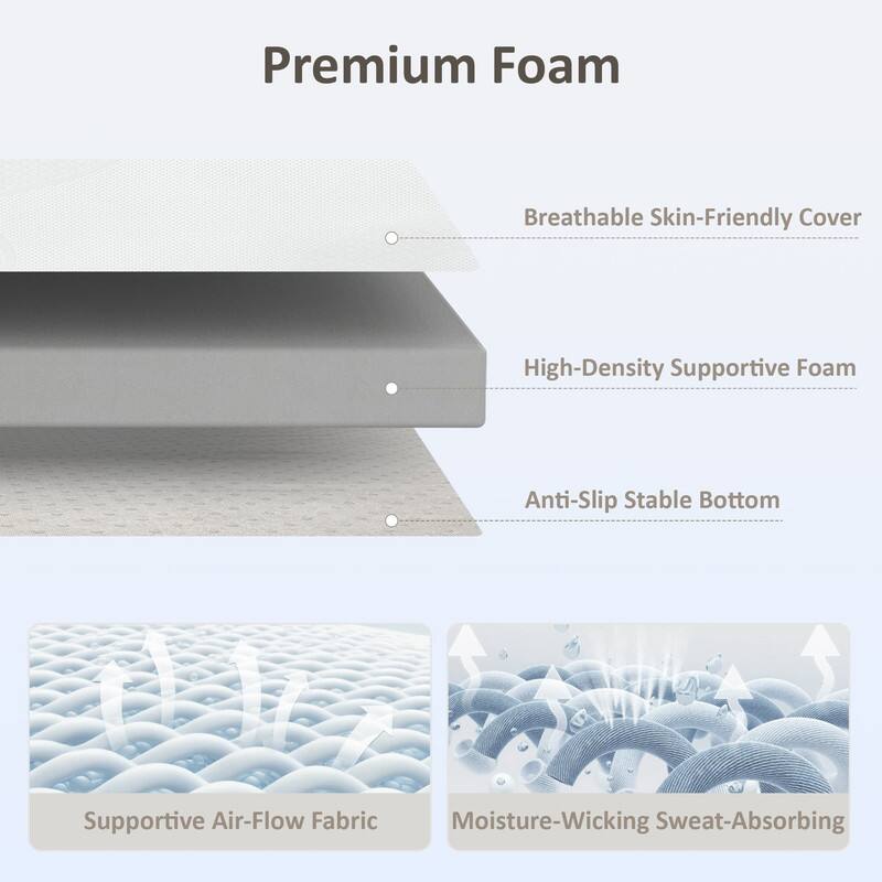 Premium Foam  
- Breathable Skin-Friendly Cover  
- High-Density Supportive Foam  
- Anti-Slip Stable Bottom  
- Supportive Air-Flow Fabric  
- Moisture-Wicking Sweat-Absorbing