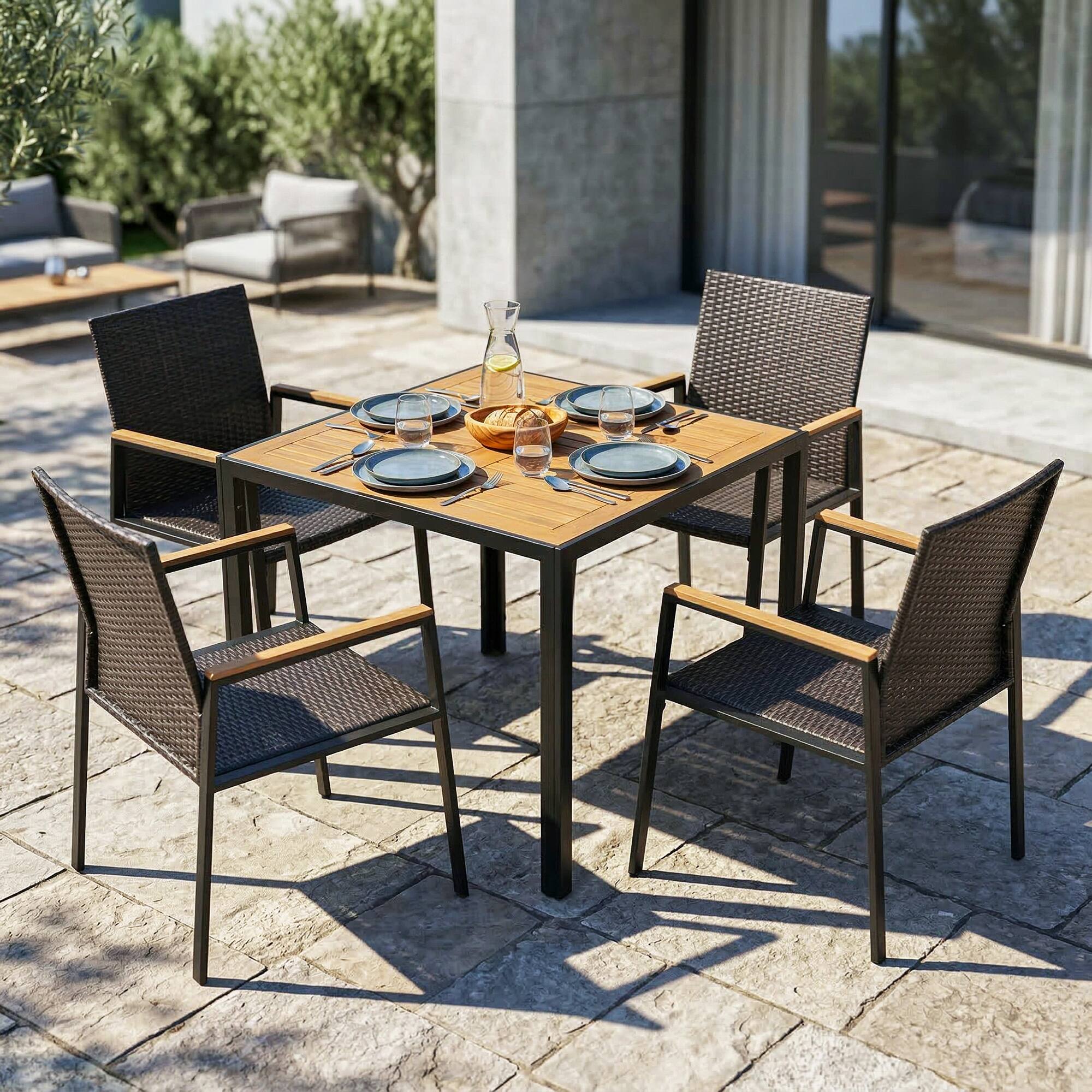 Angle. Nuu Garden - 5PCS Acacia Wood Wicker Patio Dining Set with Umbrella Hole - Black and Brown.