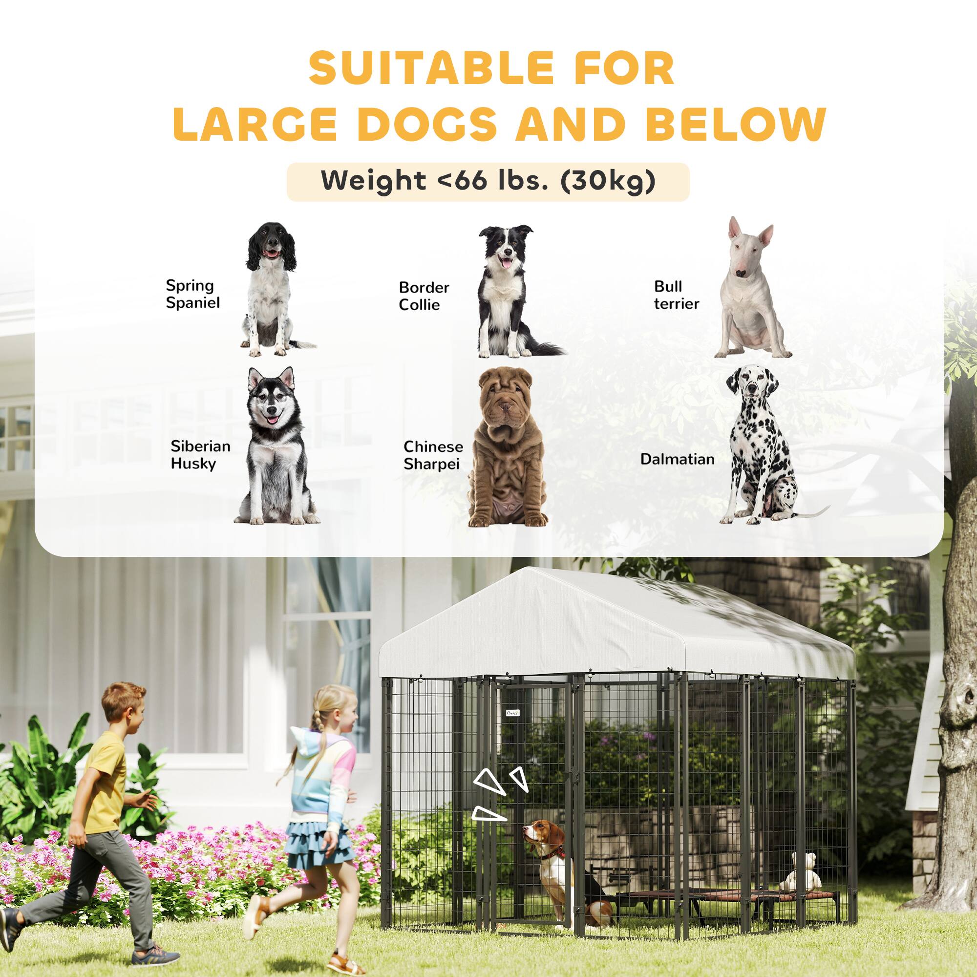 SUITABLE FOR  
LARGE DOGS AND BELOW  
Weight <66 lbs. (30kg)  

- Spring Spaniel  
- Border Collie  
- Bull Terrier  
- Siberian Husky  
- Chinese Sharpei  
- Dalmatian