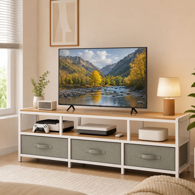 WELLFOR - TV Stand for TVs up to 65 Inches with Power Outlets,3 Drawer Dresser Entertainment Center,Media Console with Open Shelf - Natural price history on PriceWatchPro