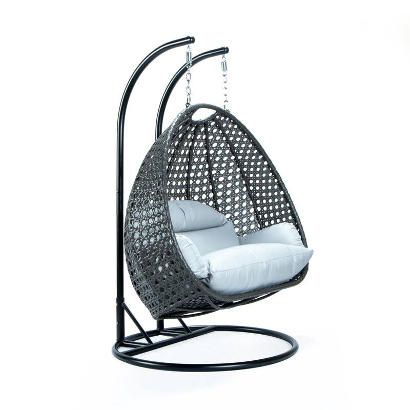 Back. LeisureMod - Leisuremod Outdoor 2-Person Charcoal Wicker Egg Swing Chair with Steel Stand, Washable Cushions & Waterproof Cover - Light Grey.