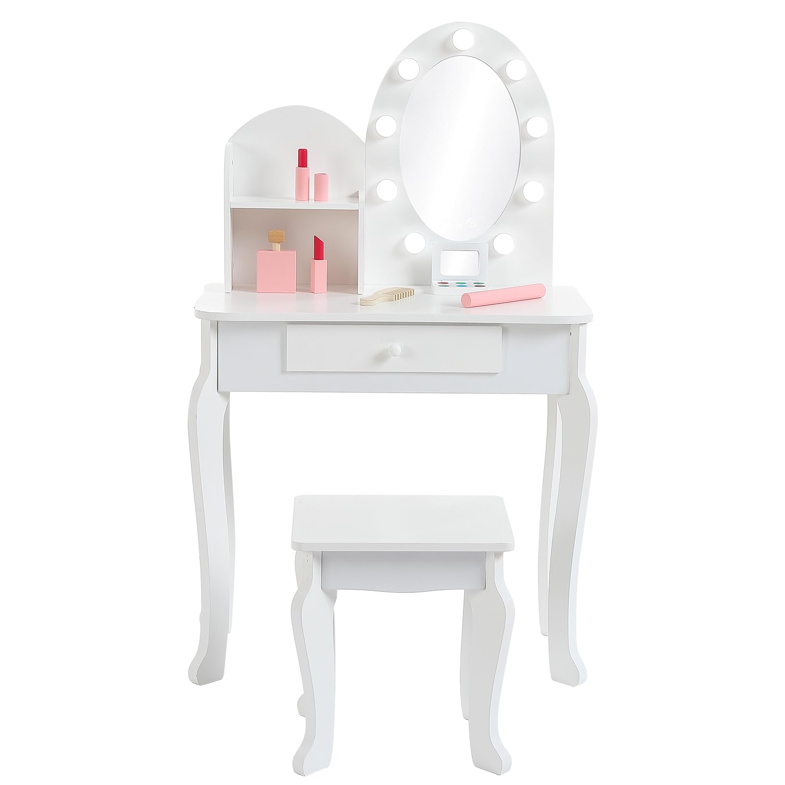 Front. Acekool - Girls' Vanity Set with Light and Mirror, Makeup Table and Stool for Kids, Wood Dressup Playset for 4-9 - White.