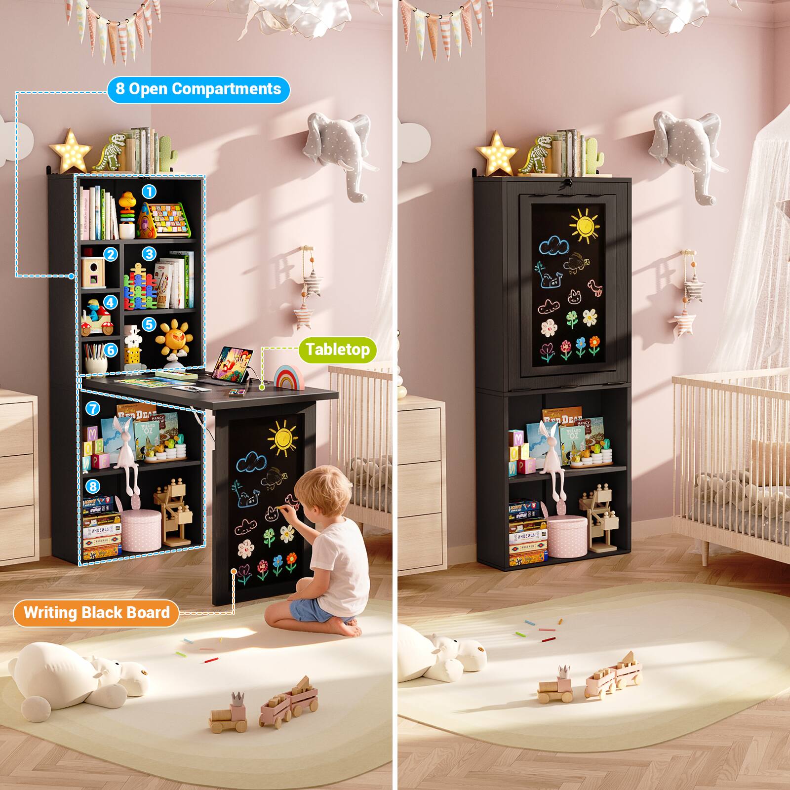 8 Open Compartments  
Tabletop  
Writing Black Board