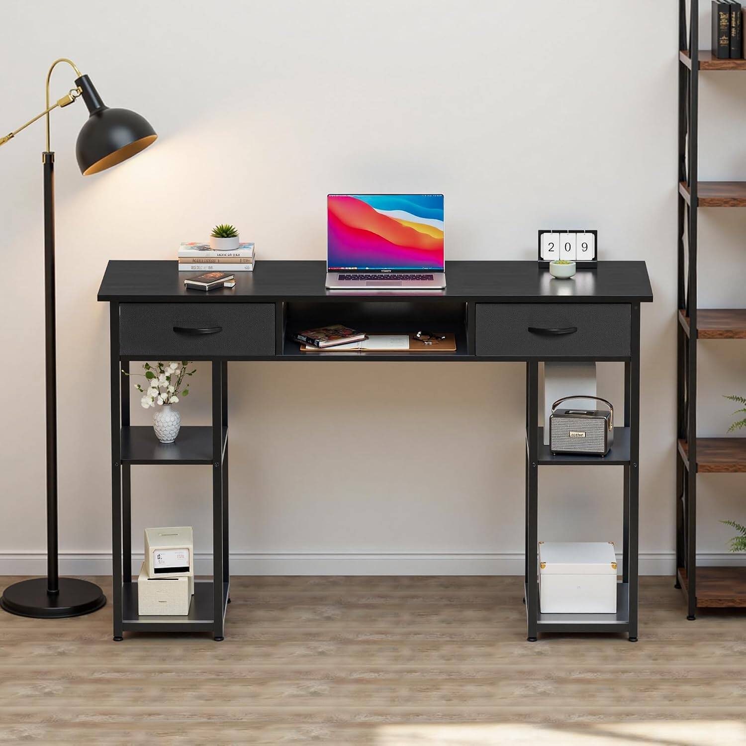 Back. Sweet - 48 Inch Home Office Desk with Fabric Drawers, Study Computer Desk Writing Table for Small Space, Black - Black.