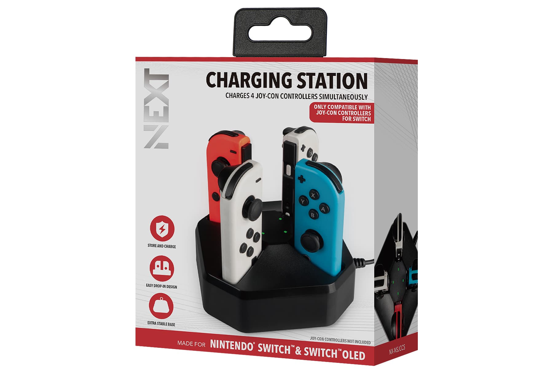 **NEXT CHARGING STATION**
- CHARGES 4 JOY-CON CONTROLLERS SIMULTANEOUSLY
- ONLY COMPATIBLE WITH JOY-CON CONTROLLERS FOR SWITCH
- STORE AND CHARGE
- EASY DROP-IN DESIGN
- EXTRA STABLE BASE
- JOY-CON CONTROLLERS NOT INCLUDED
- MADE FOR NINTENDO SWITCH & SWITCH™ OLED
**NK-NSUCCS**