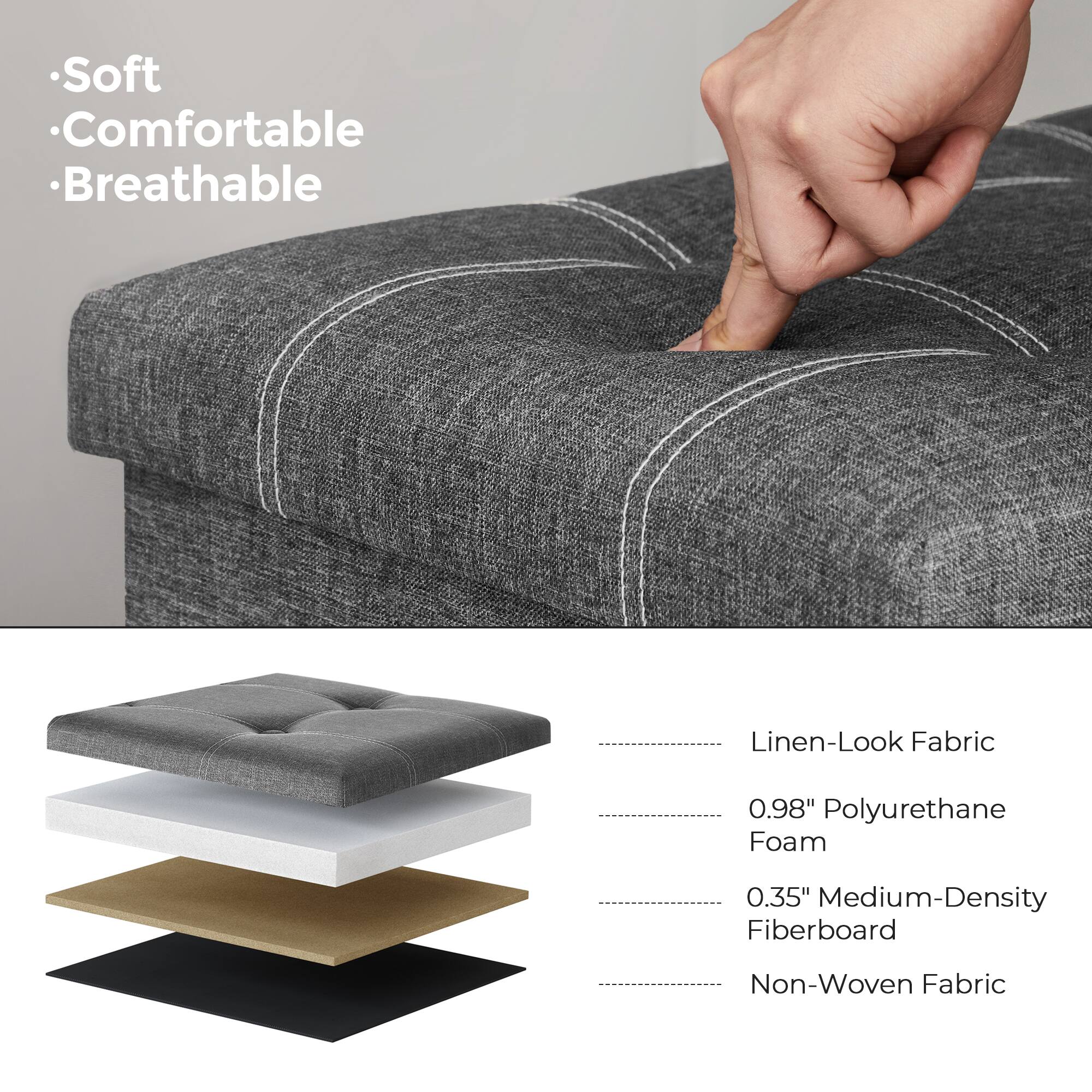 - Soft
- Comfortable
- Breathable

Linen-Look Fabric

0.98" Polyurethane Foam

0.35" Medium-Density Fiberboard

Non-Woven Fabric