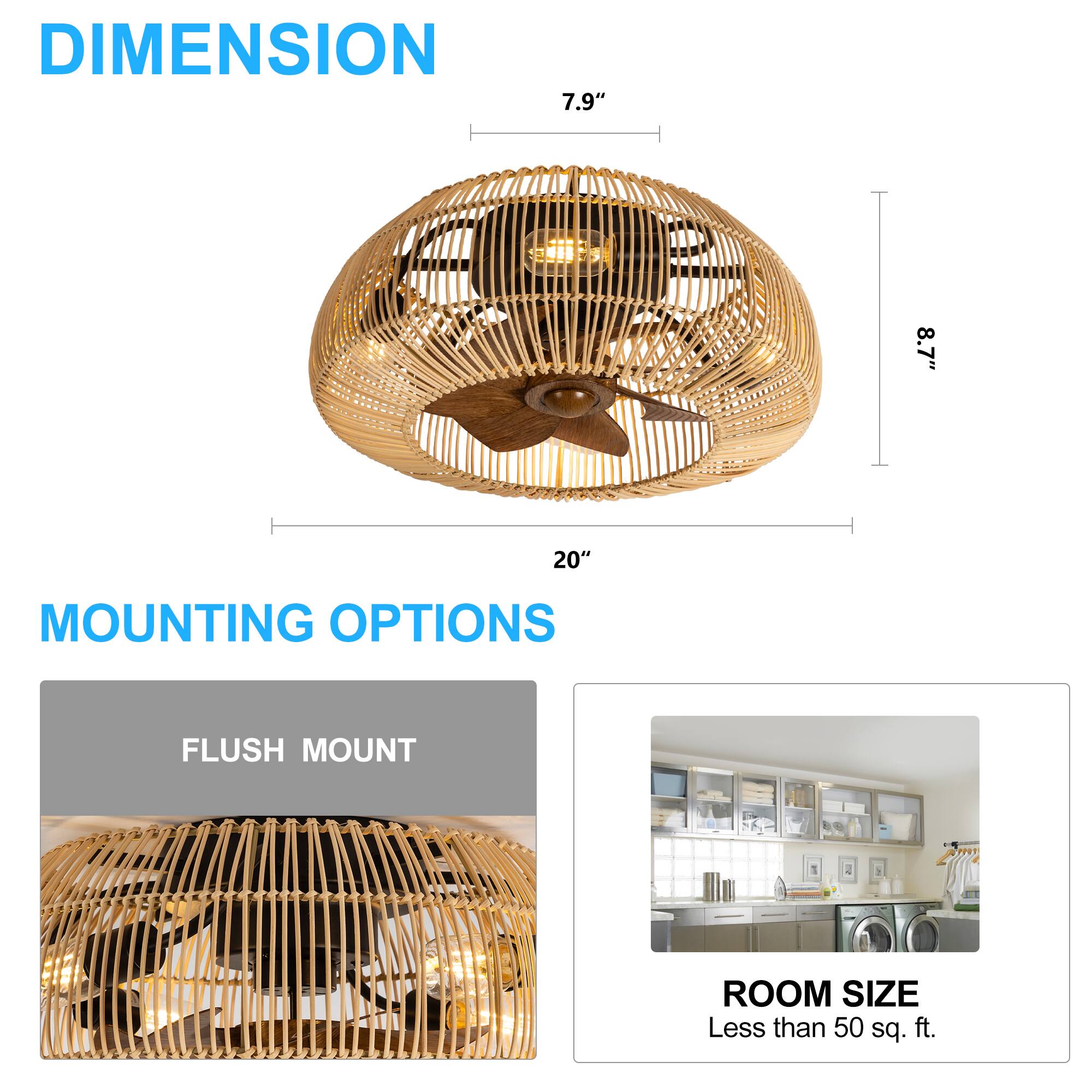 a♡ Breezary 20'' Flush Mount Caged Ceiling Fan with 7 ABS