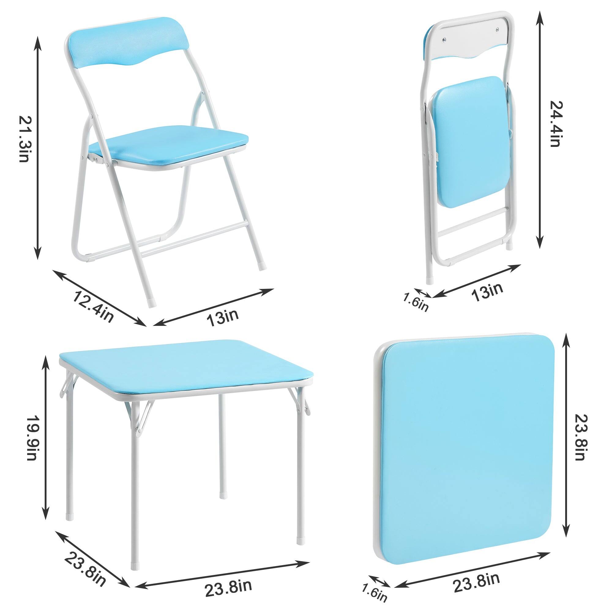 - Height of the chair: 21.3 inches
- Width of the chair: 12.4 inches
- Depth of the chair: 13 inches
- Height of the backrest: 24.4 inches
- Width of the seat: 13 inches
- Depth of the seat: 19.9 inches
- Width of the table: 23.8 inches
- Depth of the table: 23.8 inches
- Thickness of the table: 1.6 inches
- Thickness of the seat: 1.6 inches
- Thickness of the backrest: 1.6 inches