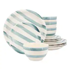 Gibson - Home Kenwood Shores 12 Piece Stoneware Dinnerware Set - Blue Stripe