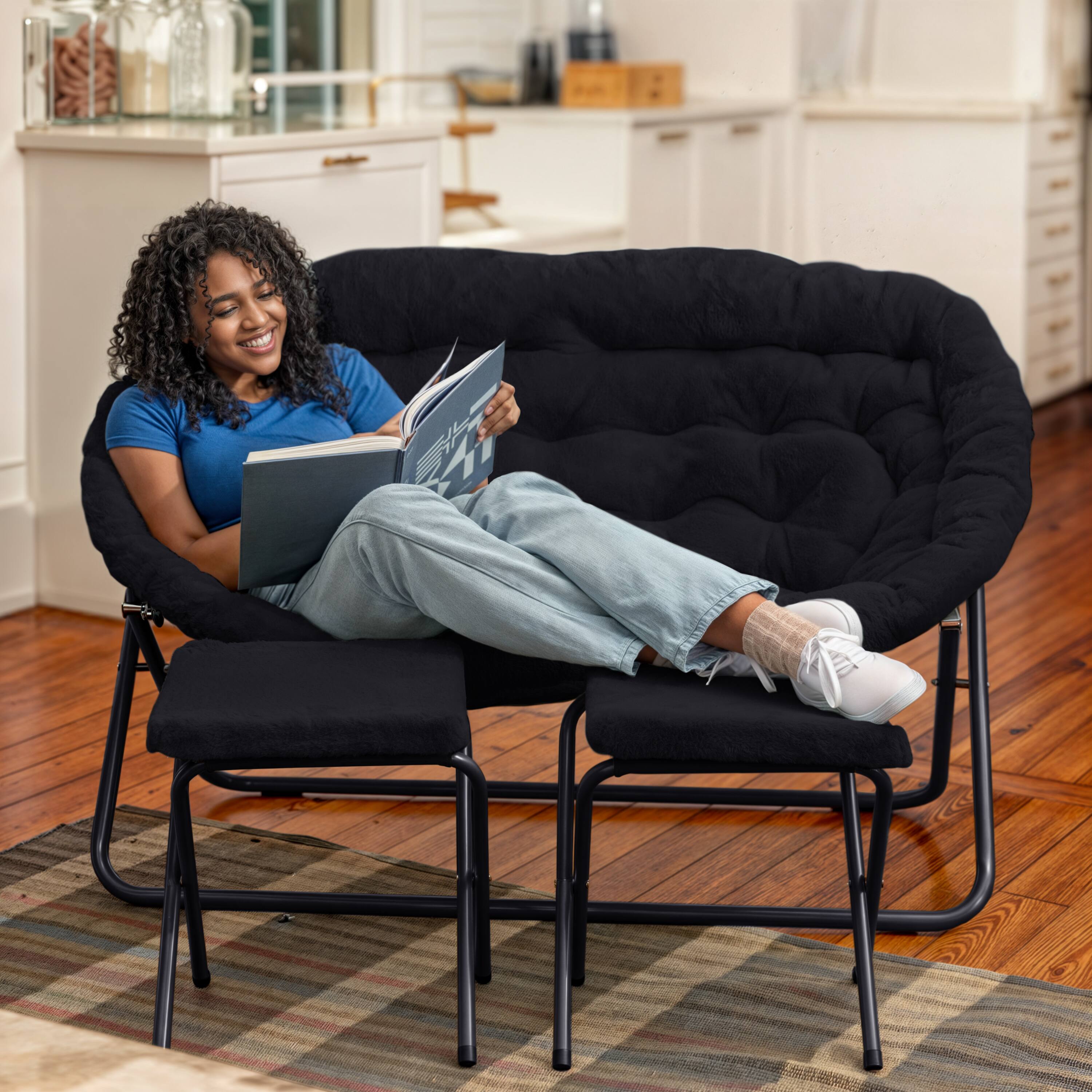 Alt View 3. Emma + Oliver - Janey Folding Double Saucer Chair with 2 Ottomans and Steel Frame for Dorm or Bedroom - Black Fabric/Black Frame.