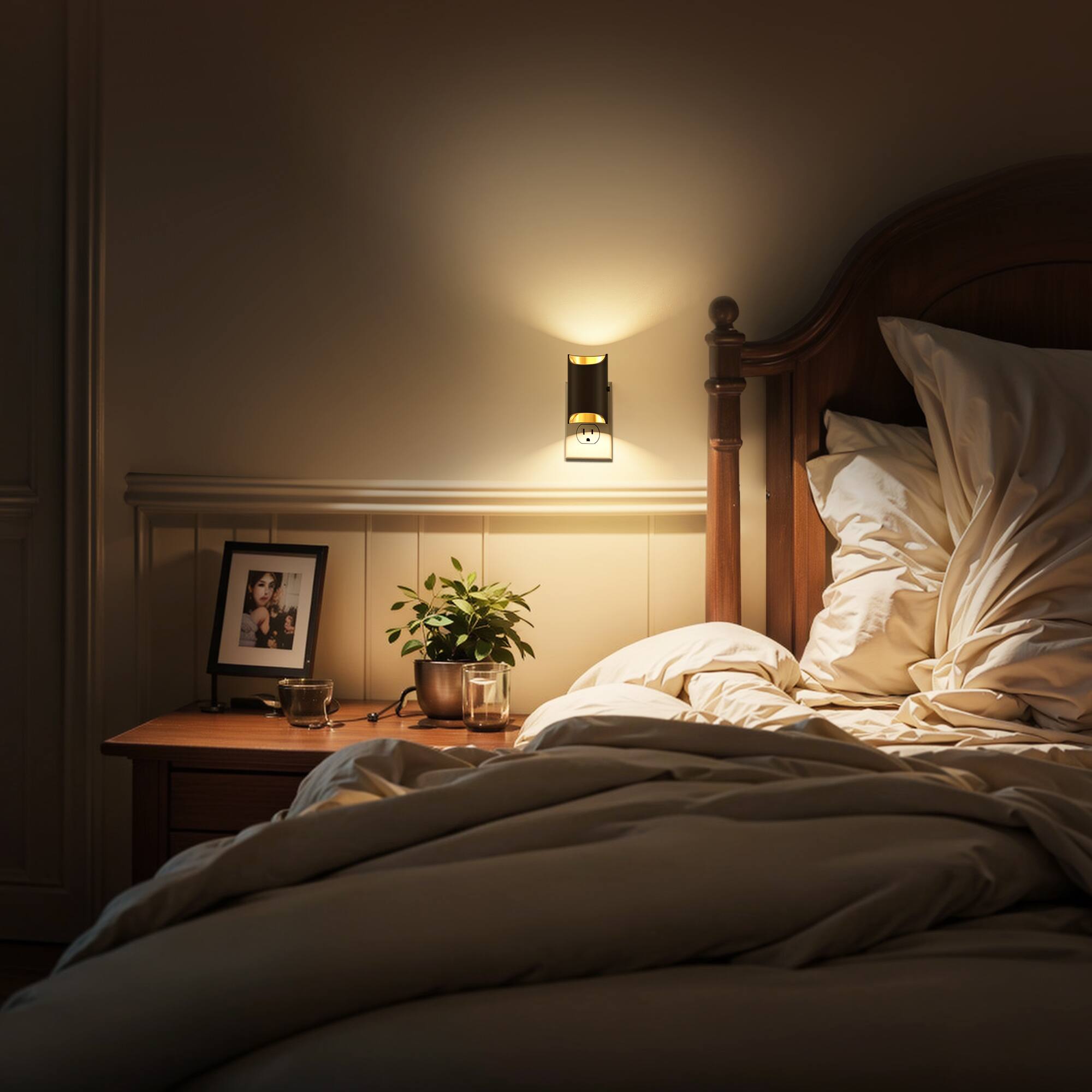 Back. Jandcase - JANDCASE 2-Pack 1W  Plug-in Night Light, 3000K Warm Glow, Round Cylinder with Cutout, Plated Accent, Up/Down Light, - Black and Gold.