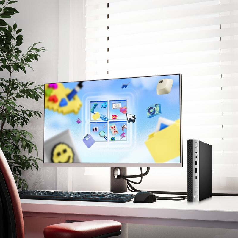 Alt View 1. HP - ProDesk G5 Tiny Desktop PC | Intel i5-9th 2.2GHz | 16GB RAM | 128GB SSD+500GB HDD | 22" LED | KB & Mouse | Wi-Fi | Win11 - Black.
