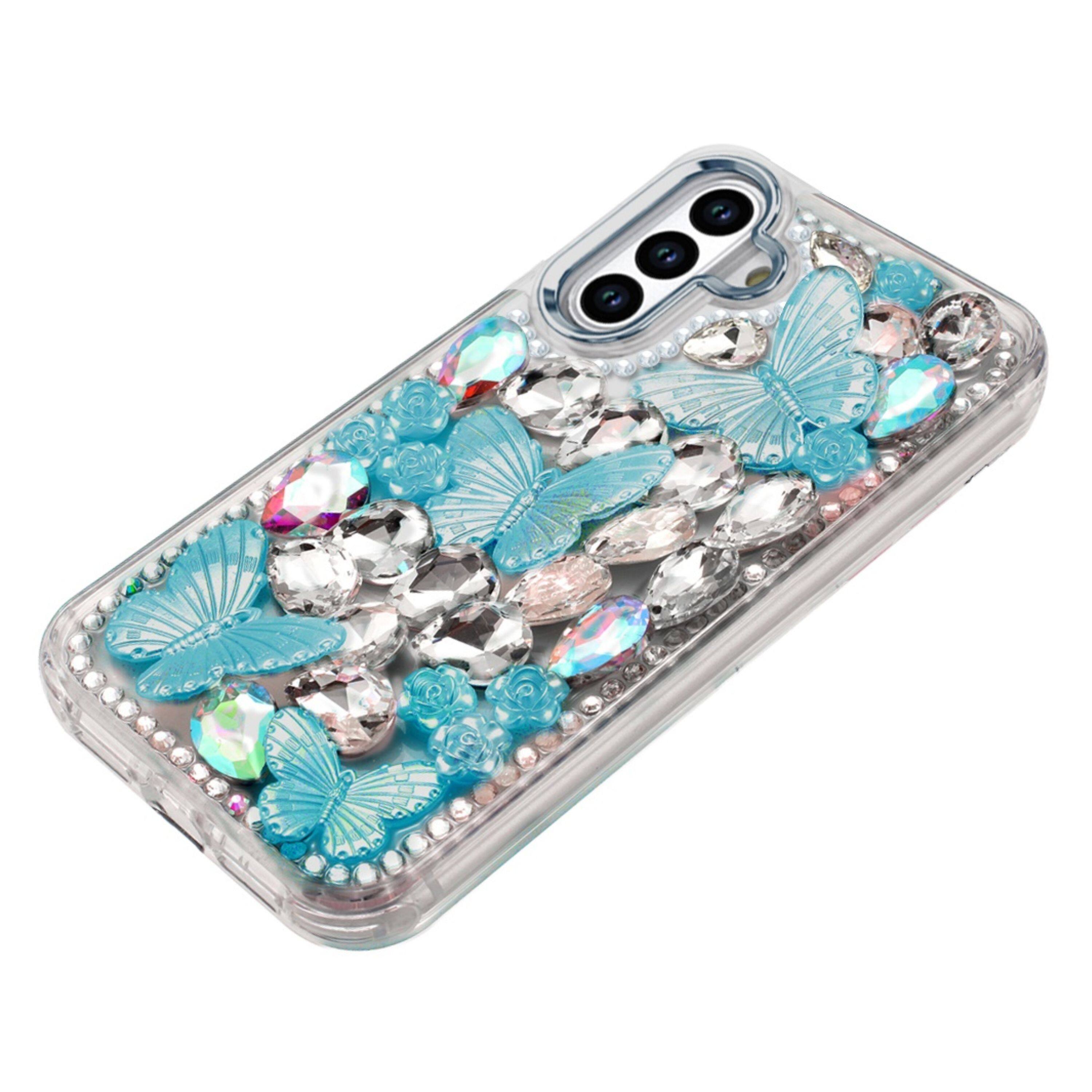 Left. Kitcheniva - Bling Diamond Large Butterflies Design Phone Case With Tempered Glass For Samsung Galaxy S26 Blue - Blue.