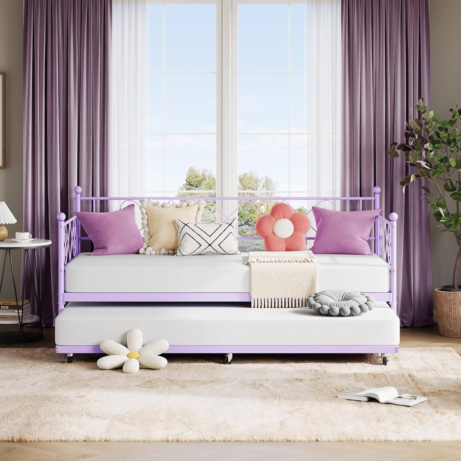 GARVEE - Twin Daybed with Trundle, Metal Frame, Heart-Shaped Headboard, Space-Saving & Cute - Purple