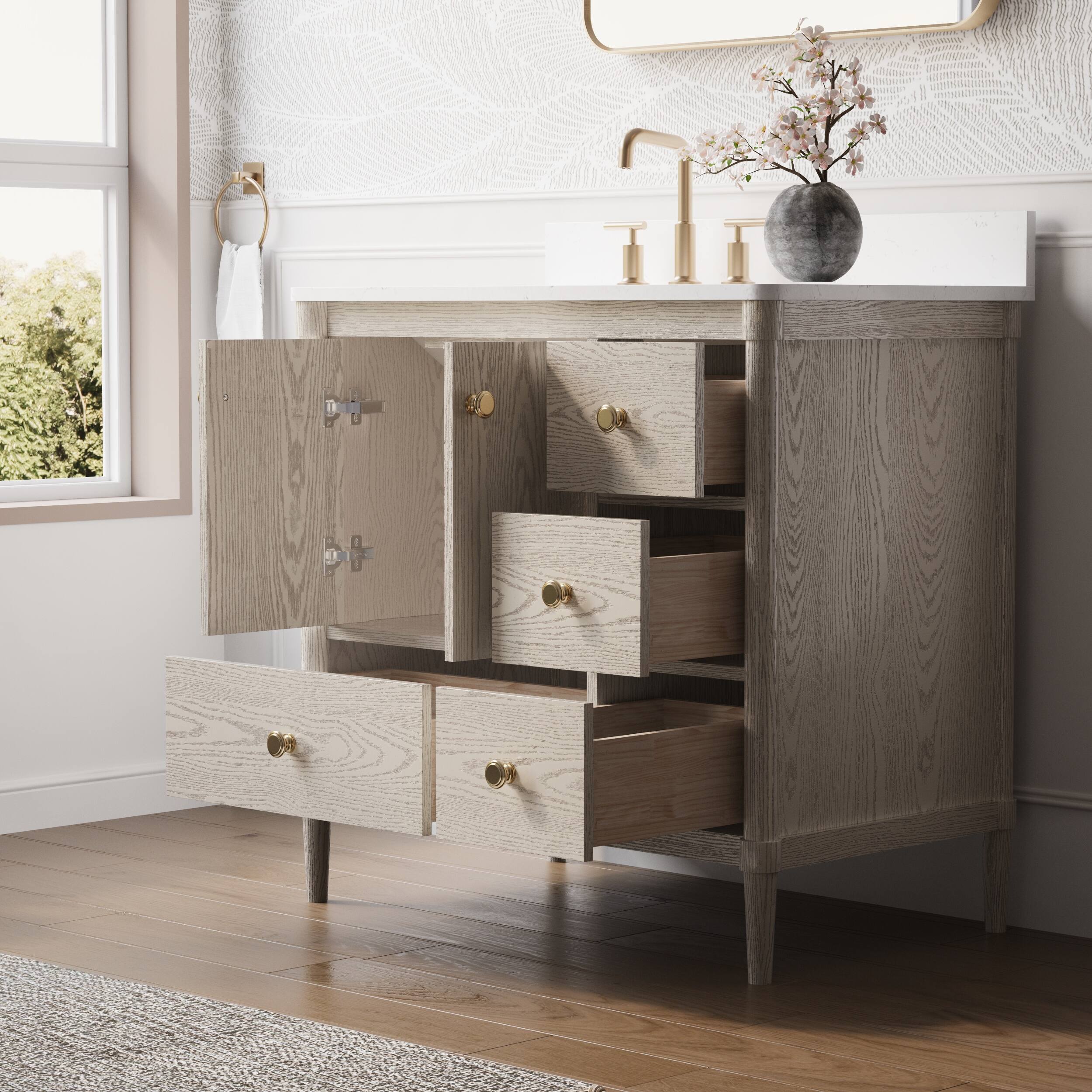 Back. WELLFOR - ETHAN 36 in. Solid Wood Bath Vanity with Quartz Top, Single Sink, Soft Close, Assembled - OAK.