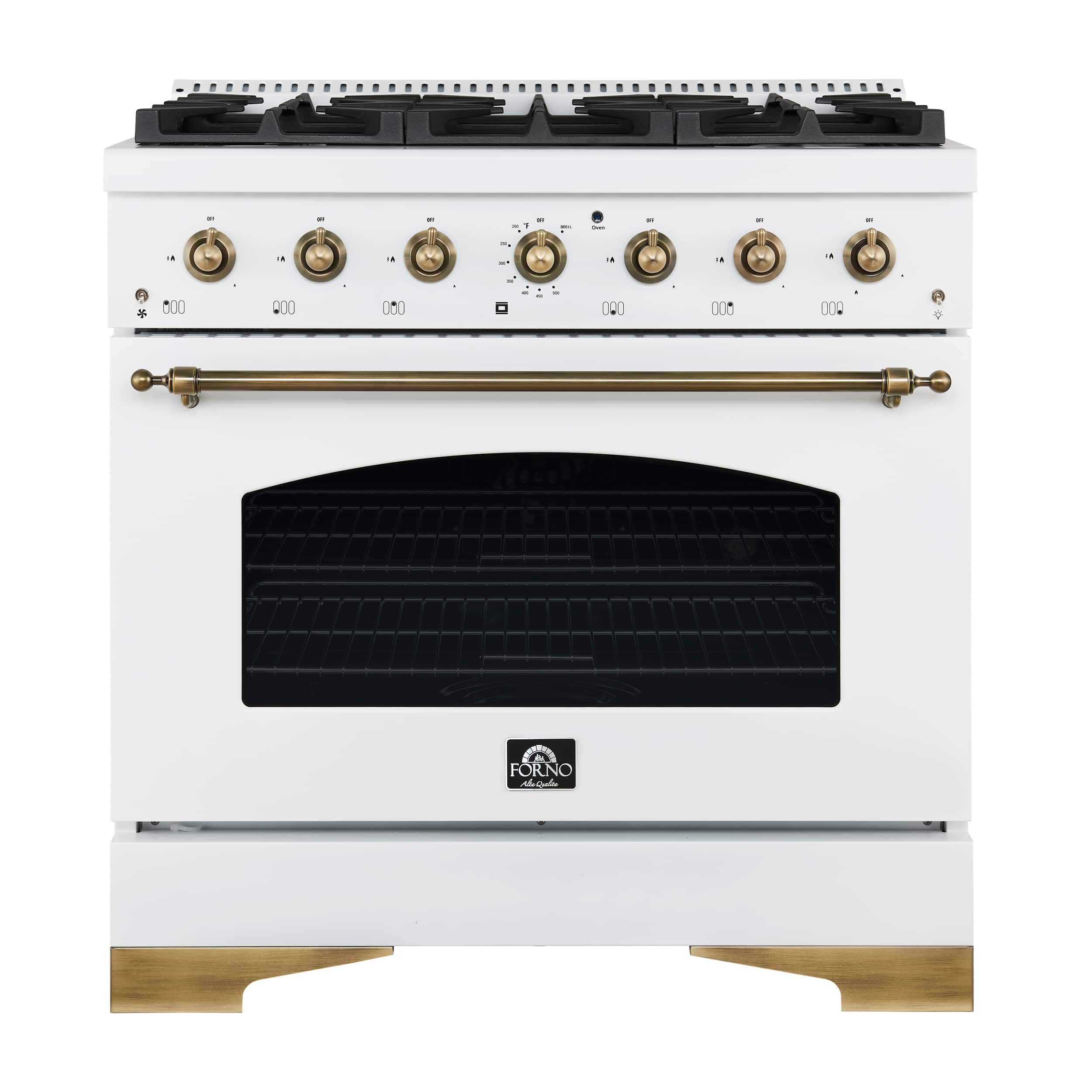 Forno Appliances - 36 in. Wide 6 Burner Antico 4.5 Cu. Ft. Freestanding Dual Fuel Convection Range with Antique Brass Accents - White