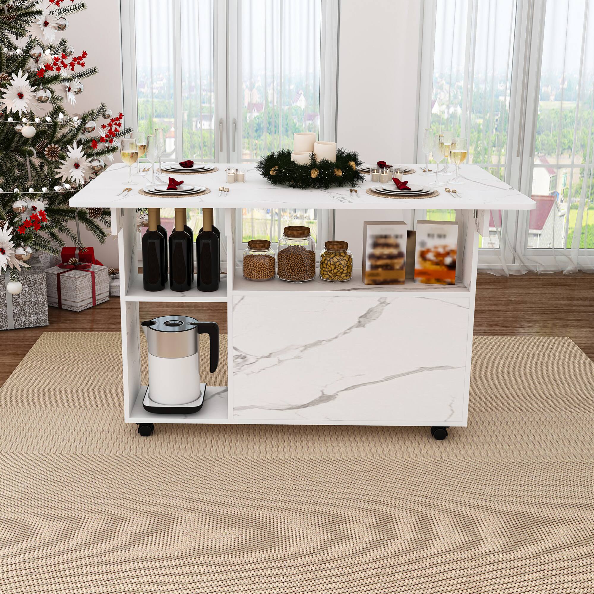 Angle. GOODSILO - Space-Saving Foldable Multi-Purpose Table with Integrated Storage Shelves and Locking Wheels - White.