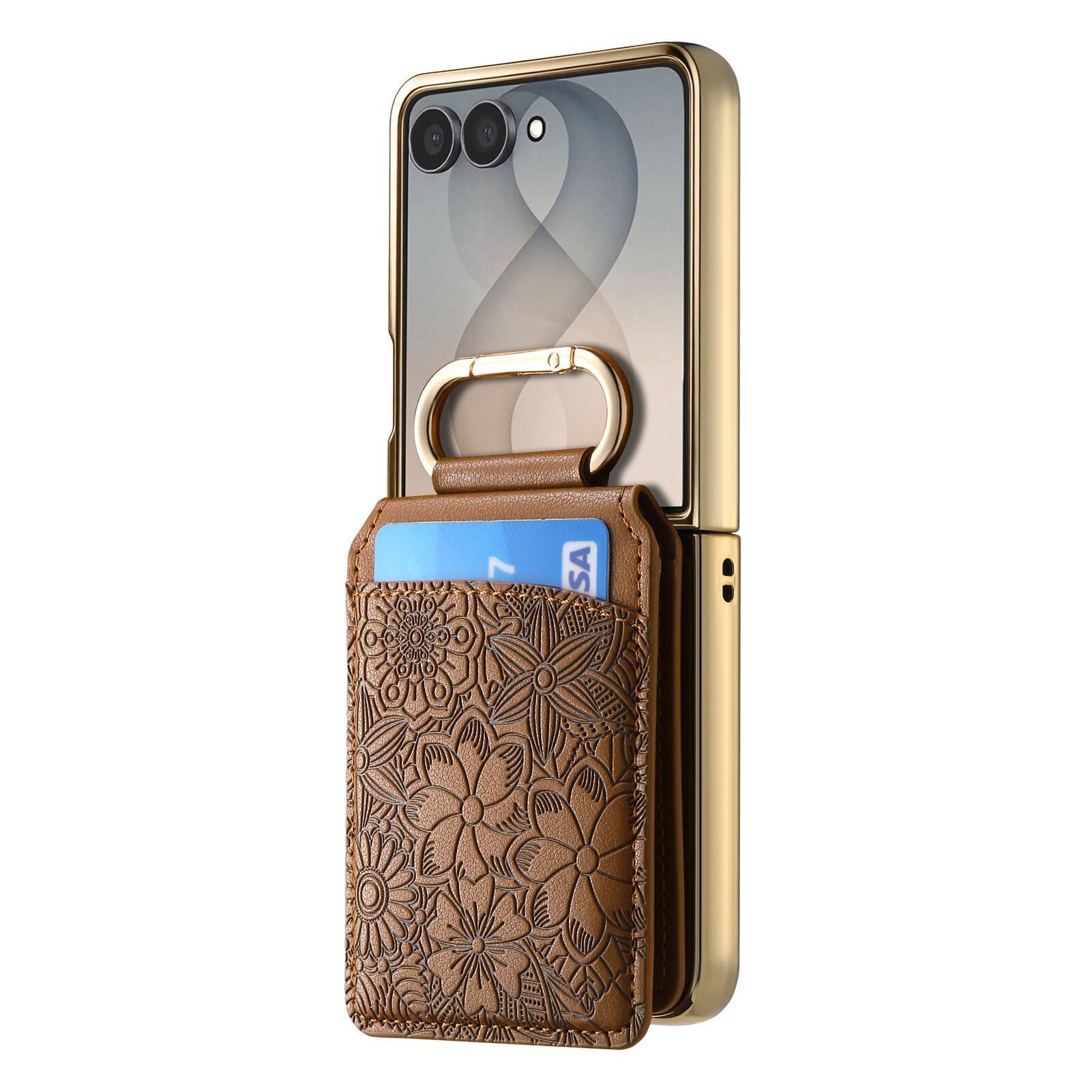 Alt View 4. Dteck - Shockproof Leather Wallet Phone Case for Samsung Galaxy Z Flip8 with Ring Clasp, Rigid Plastic Floral Flip Stand Cover - Brown.