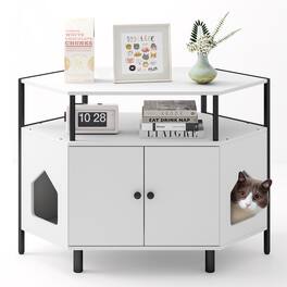 Gymax - Corner Cat Litter Box Enclosure End Table w/ Open Shelf 2 Entries Double Doors - White