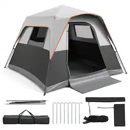 Costway - 6-Person Outdoor Camping Tent with Rainfly & Carrying Bag, 3000mm Water-Resistant - Gray