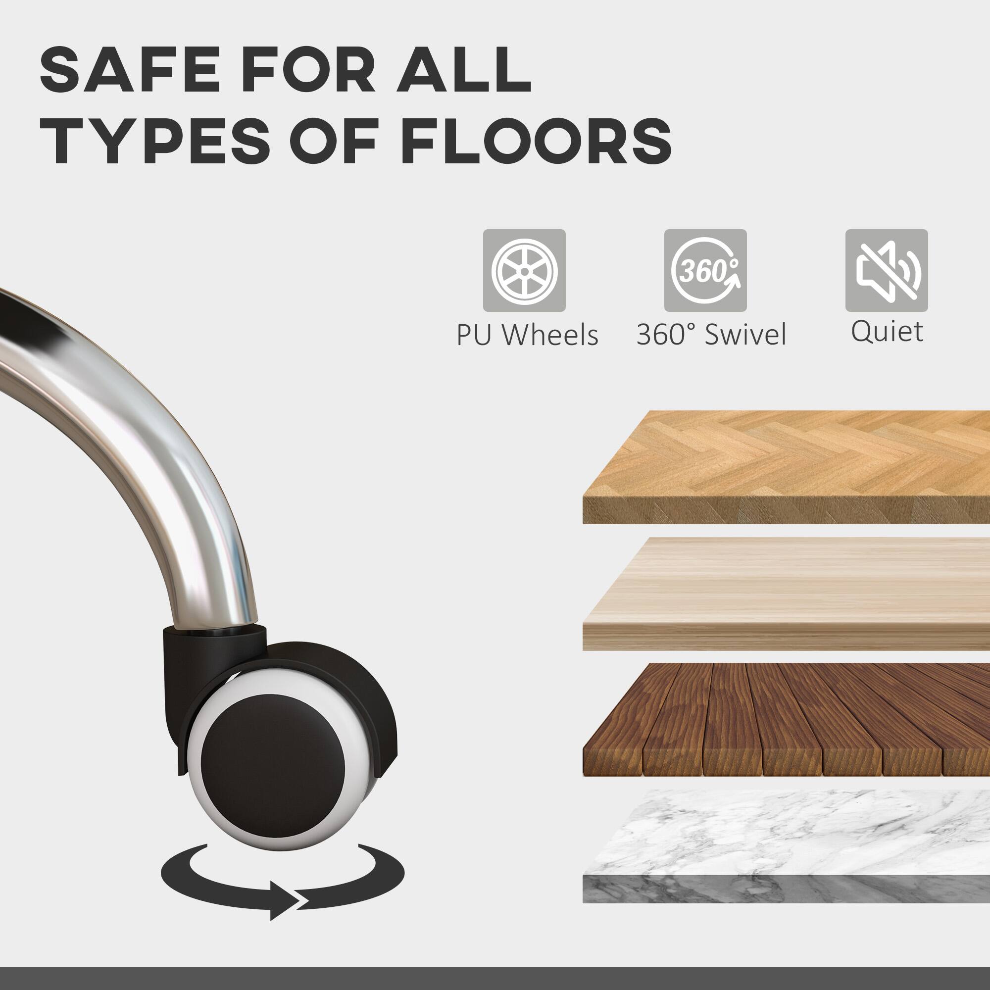 SAFE FOR ALL TYPES OF FLOORS, 360° Swivel, PU Wheels, Quiet