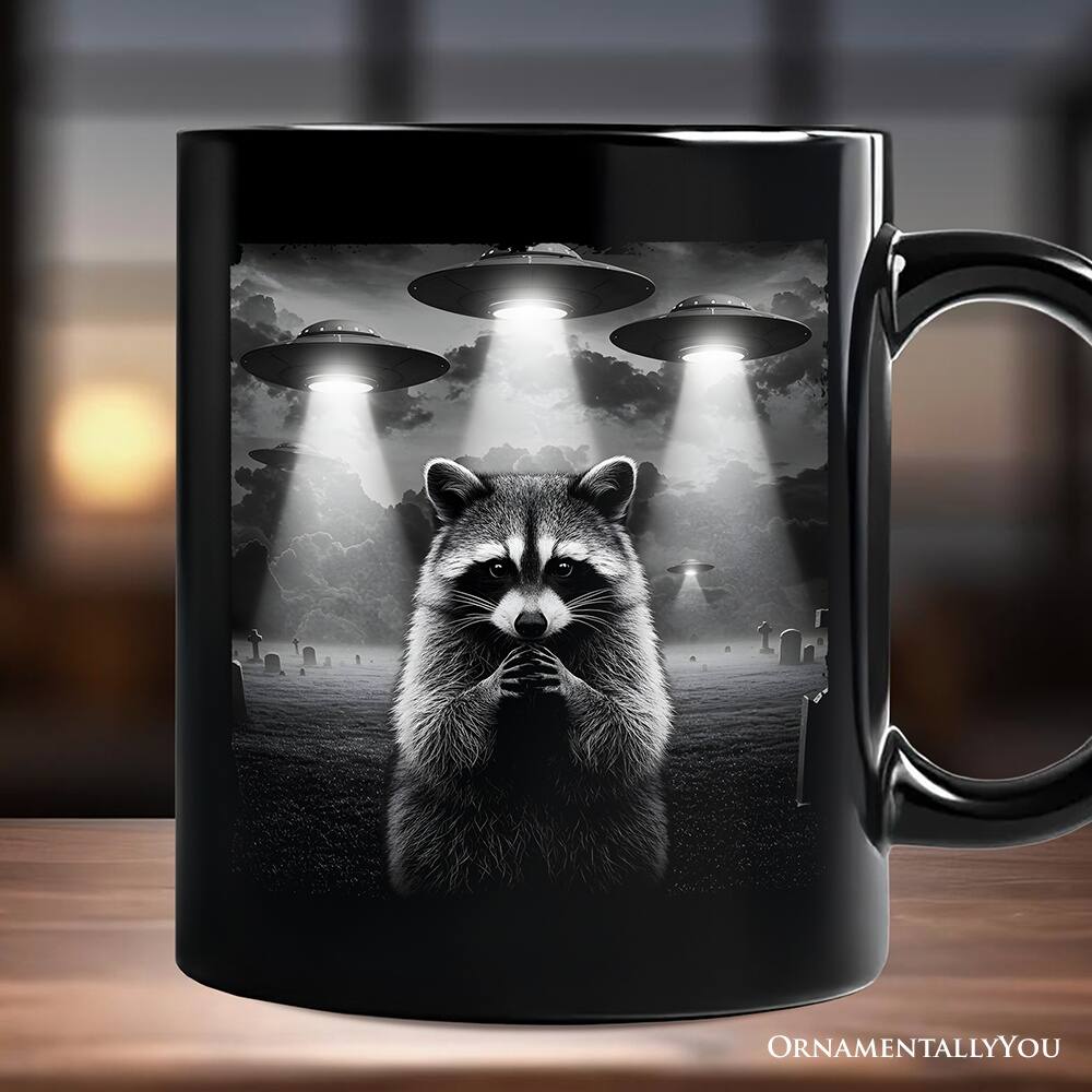 Back. OrnamentallyYou - Funny Raccoon UFO Mug, Unisex Black Gift - Black.