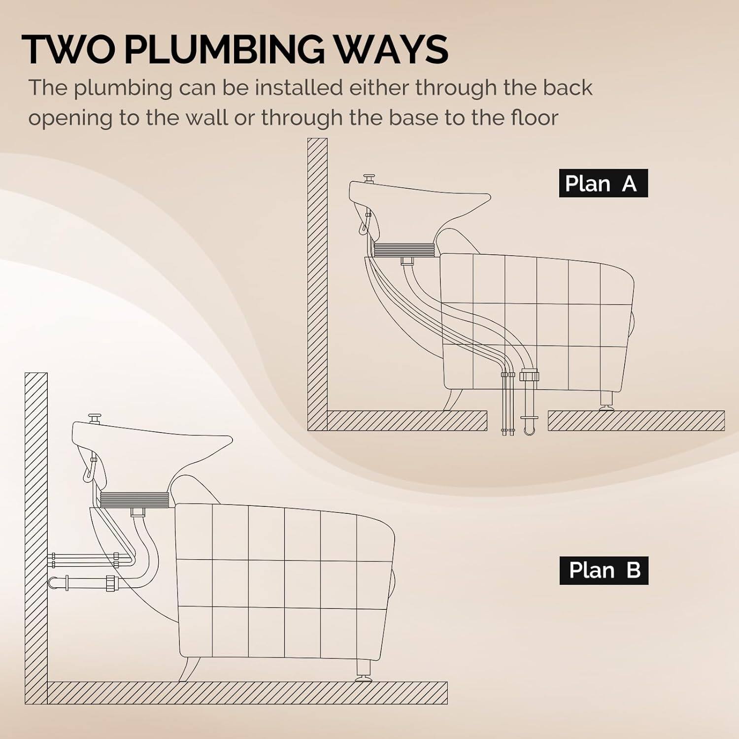 TWO PLUMBING WAYS

The plumbing can be installed either through the back opening to the wall or through the base to the floor

Plan A

Plan B