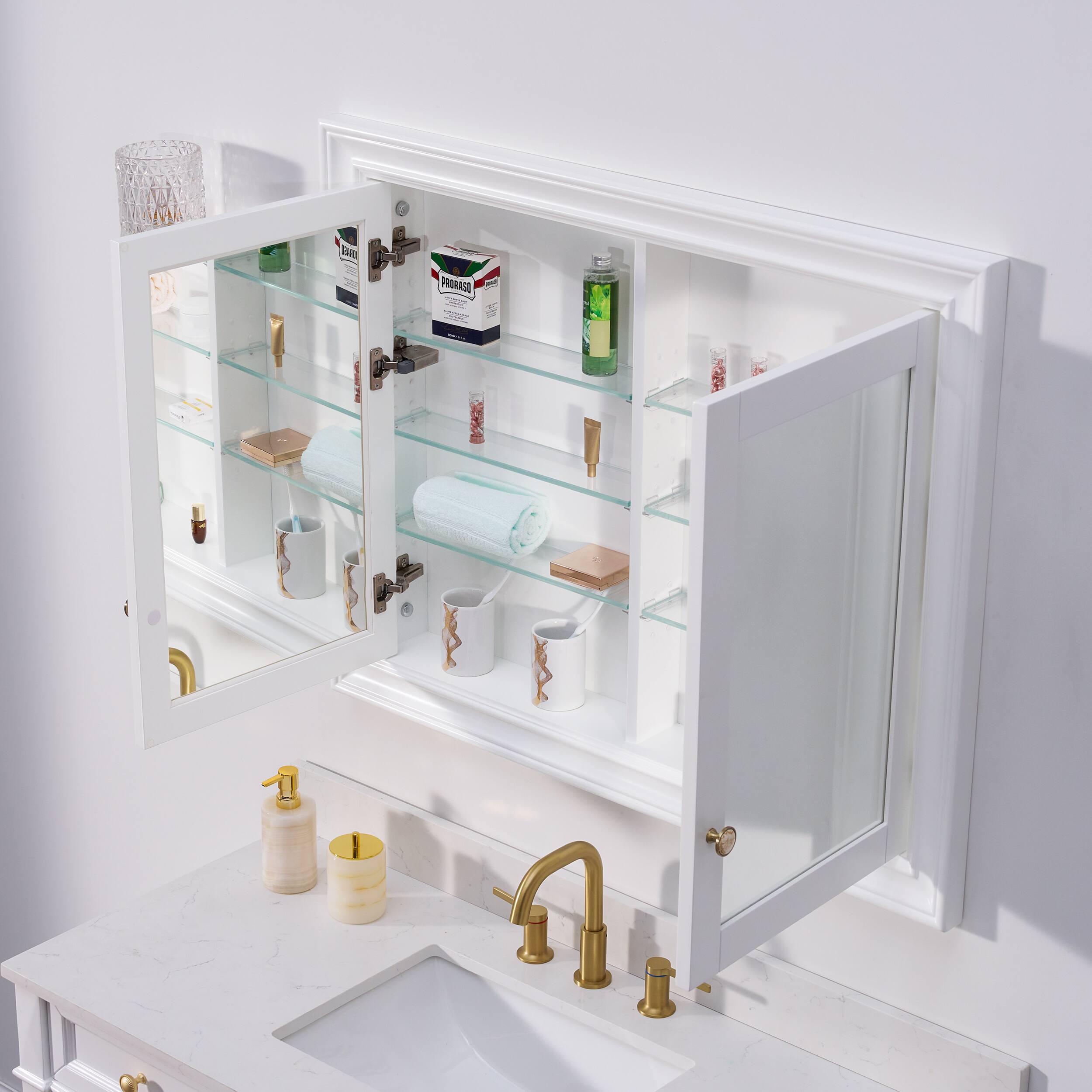 Left. WELLFOR - 40 in. W x 32 in. H Rectangular Solid Wood Recessed Medicine Cabinet with Mirror - White.