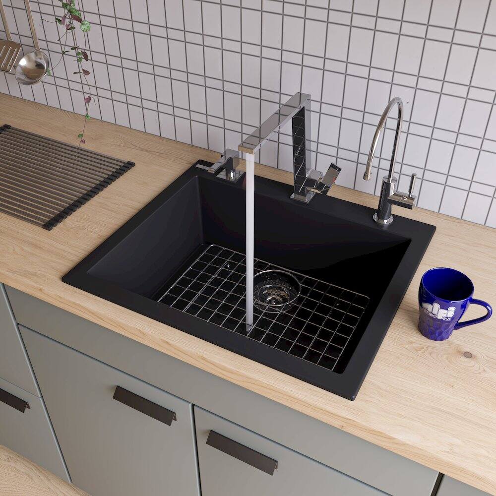 Alt View 1. Alfi - ALFI brand Black 24 Drop-In Single Bowl Granite Composite Kitchen Sink - Black.