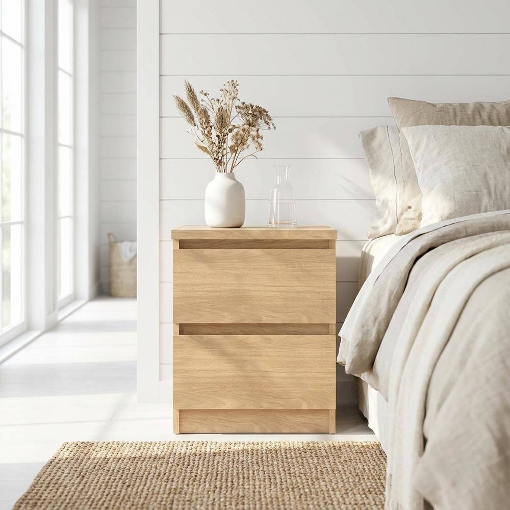 Angle. FurniFact - Hickory Nightstand with 2 Drawers and Timeless Design - Brown.