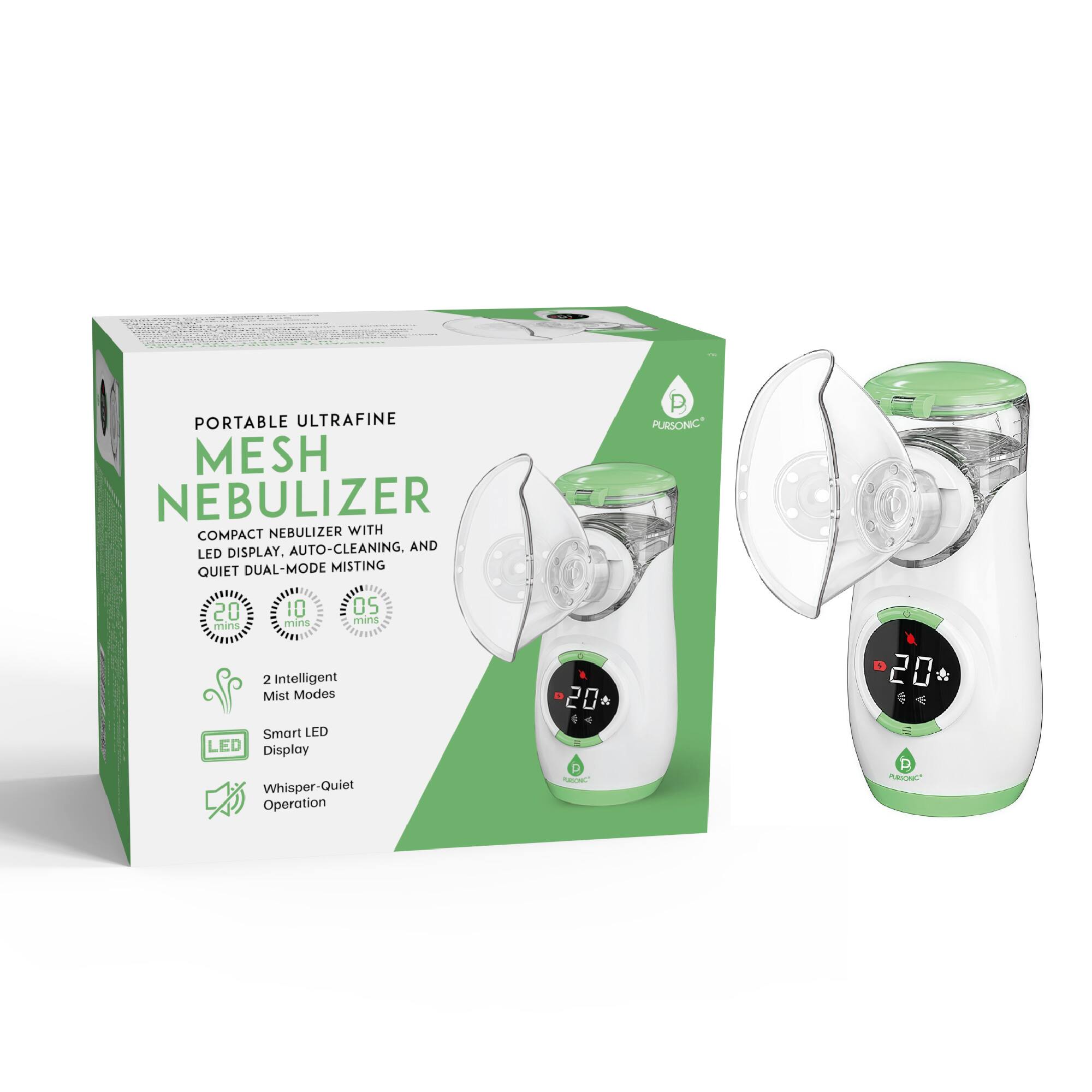 PORTABLE ULTRAFINE MESH NEBULIZER  
COMPACT NEBULIZER WITH DISPLAY, AUTO-CLEANING, AND LED QUIET DUAL-MODE MISTING  
20/10/05 mins  
2 Intelligent Mist Modes  
Smart LED Display  
Whisper-Quiet Operation  

PURSONIC  
P