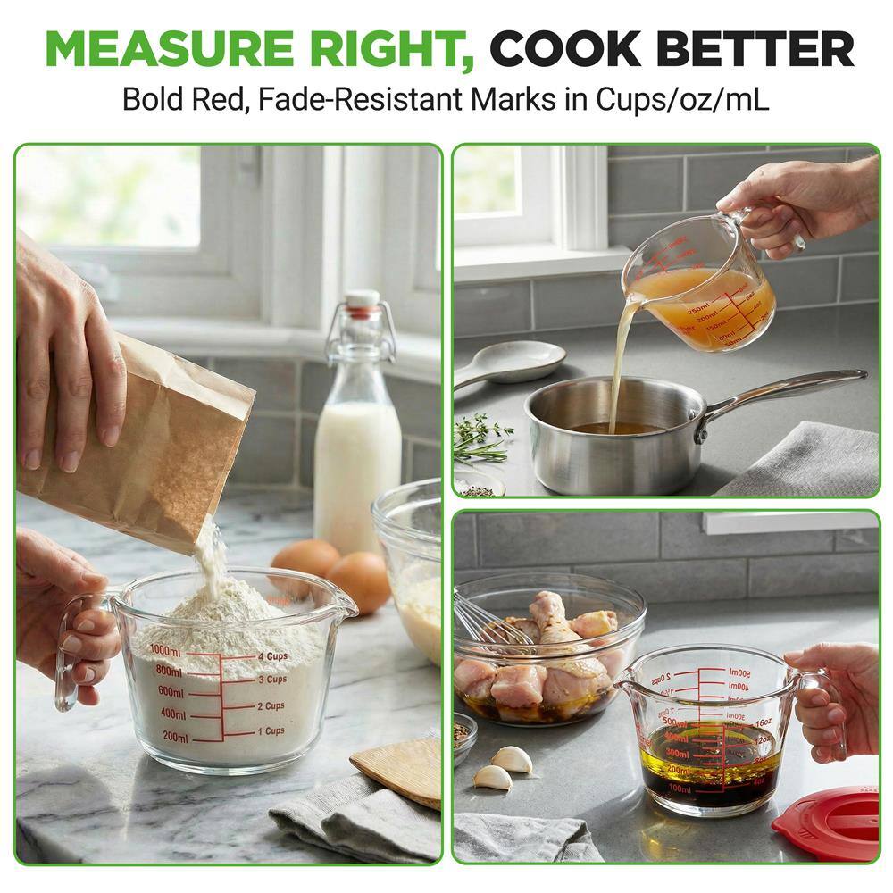 MEASURE RIGHT, COOK BETTER  
Bold Red, Fade-Resistant Marks in Cups/oz/mL  

1000ml  
800ml  
600ml  
400ml  
200ml  

3 Cups  
2 Cups  
1 Cup  

500ml  
300ml  
400ml  
100ml  

100ml