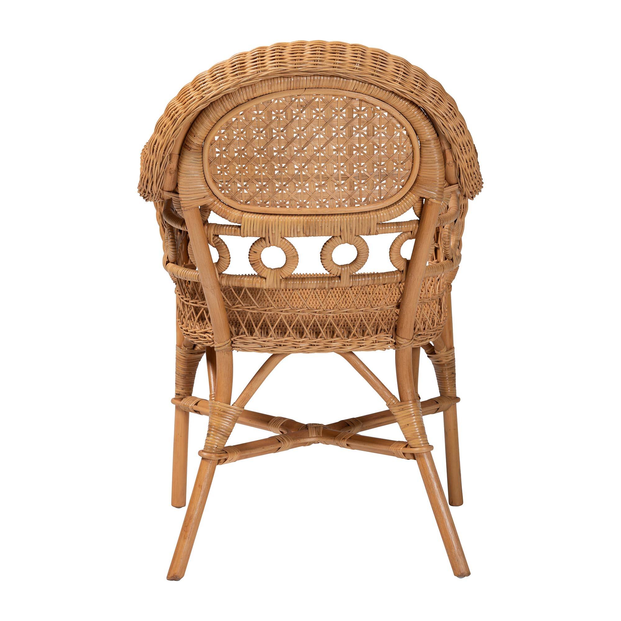 Back. bali & pari - Abigale Natural Rattan Dining Chair - Handwoven Wicker Accent Chair with Arms and Openwork Frame - Light Honey.