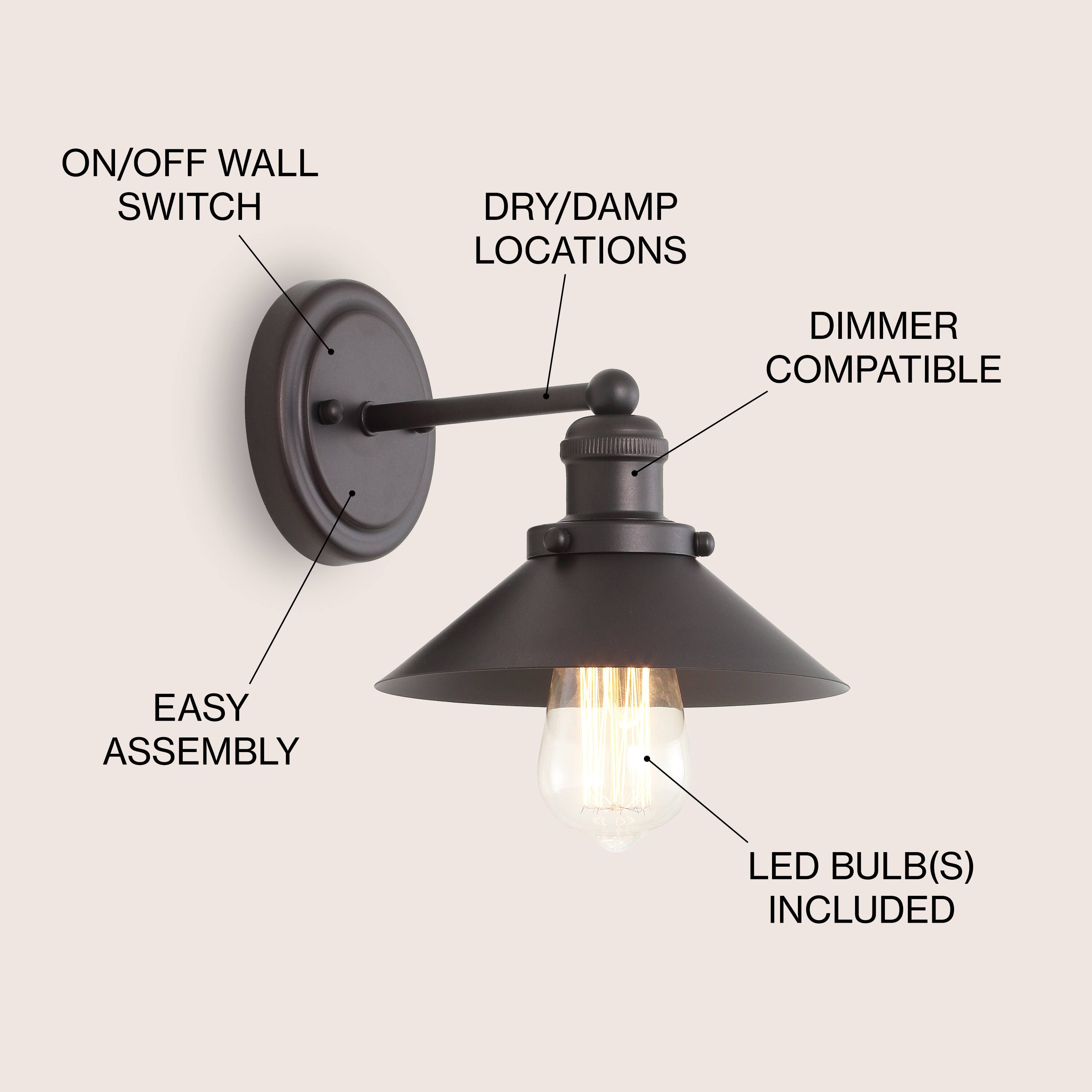 ON/OFF WALL SWITCH  
DRY/DAMP LOCATIONS  
DIMMER COMPATIBLE  
EASY ASSEMBLY  
LED BULB(S) INCLUDED