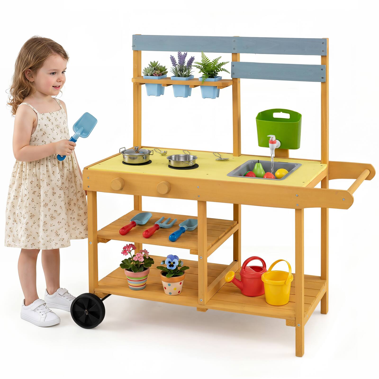 Alt View 1. Costway - Costway Mud Kitchen for Kids, Wooden Outdoor Play Kitchen with Flowerpots, Sink, Water Tank - Yellow.