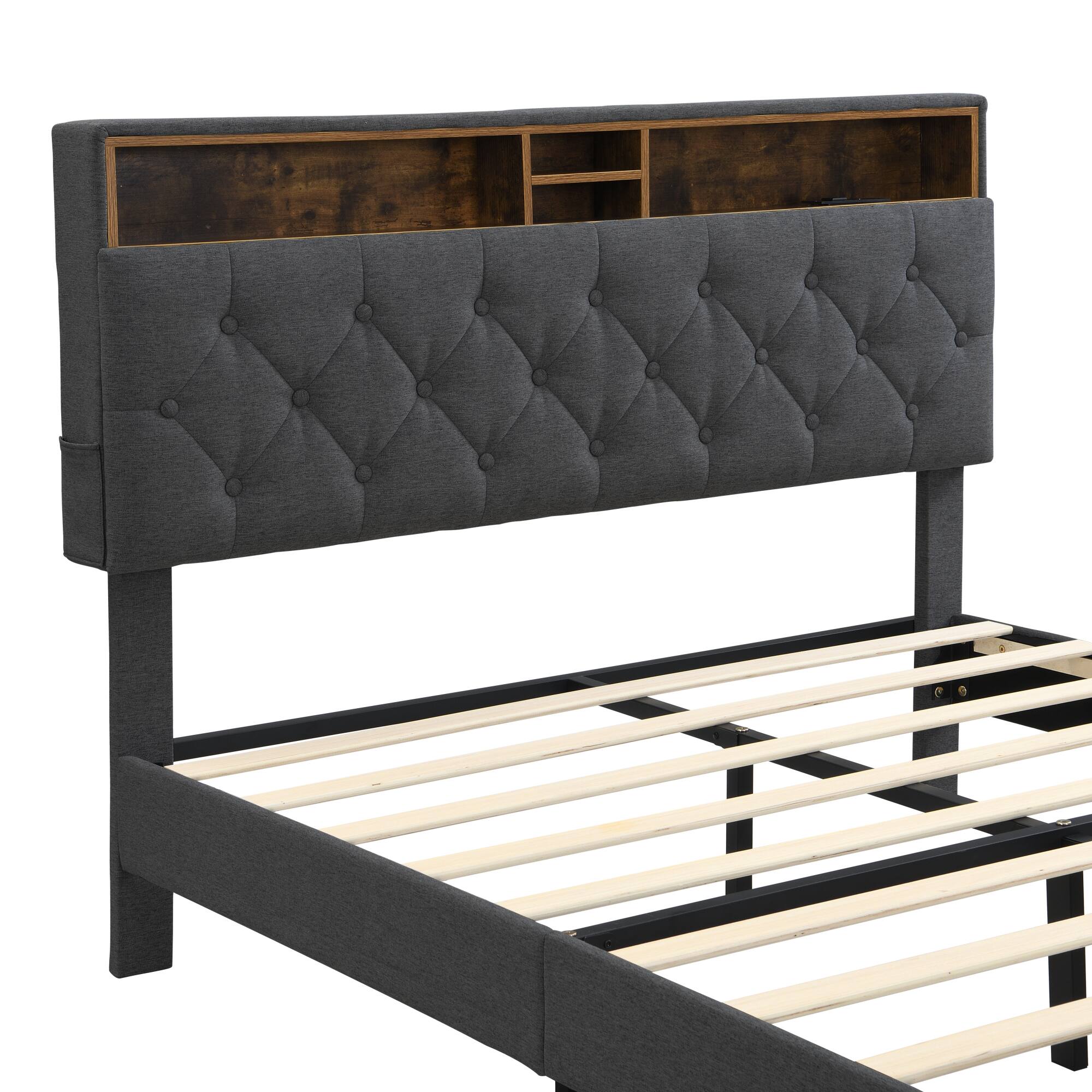 Alt View 5. GOODSILO - Queen-Size Upholstered Platform Bed Frame with Modern Button-Tufted Headboard and USB Charging Ports - Dark Gray.