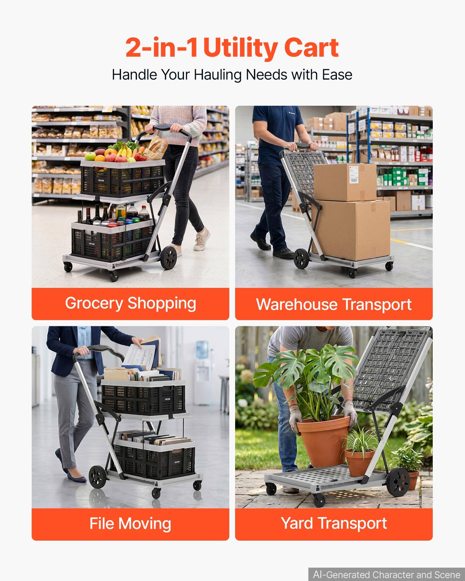 2-in-1 Utility Cart  
Handle Your Hauling Needs with Ease  

Grocery Shopping  
Warehouse Transport  
File Moving  
Yard Transport  

AI-Generated Character and Scene