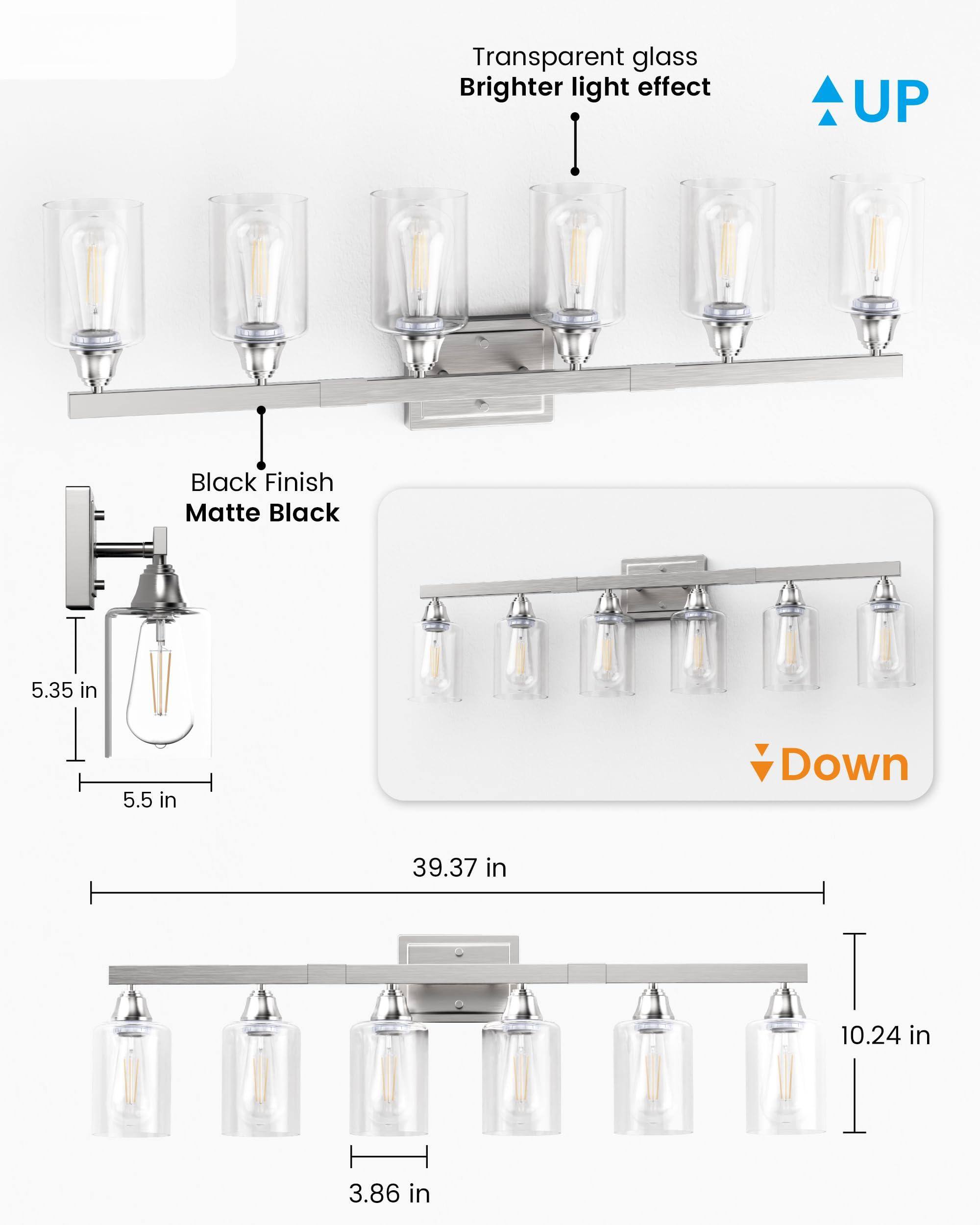 Transparent glass  
Brighter light effect  

Black Finish  
Matte Black  

UP  
5.35 in  
5.5 in  

Down  
39.37 in  
10.24 in  
3.86 in