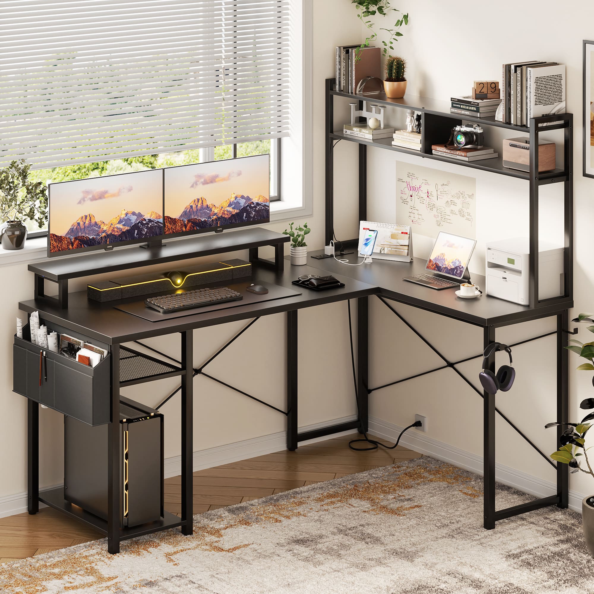 Aheaplus - Small Reversible L-Shaped Gaming Desk: LED Lights, Power Outlets, Monitor Stand & Storage for Home Office Corner - Black