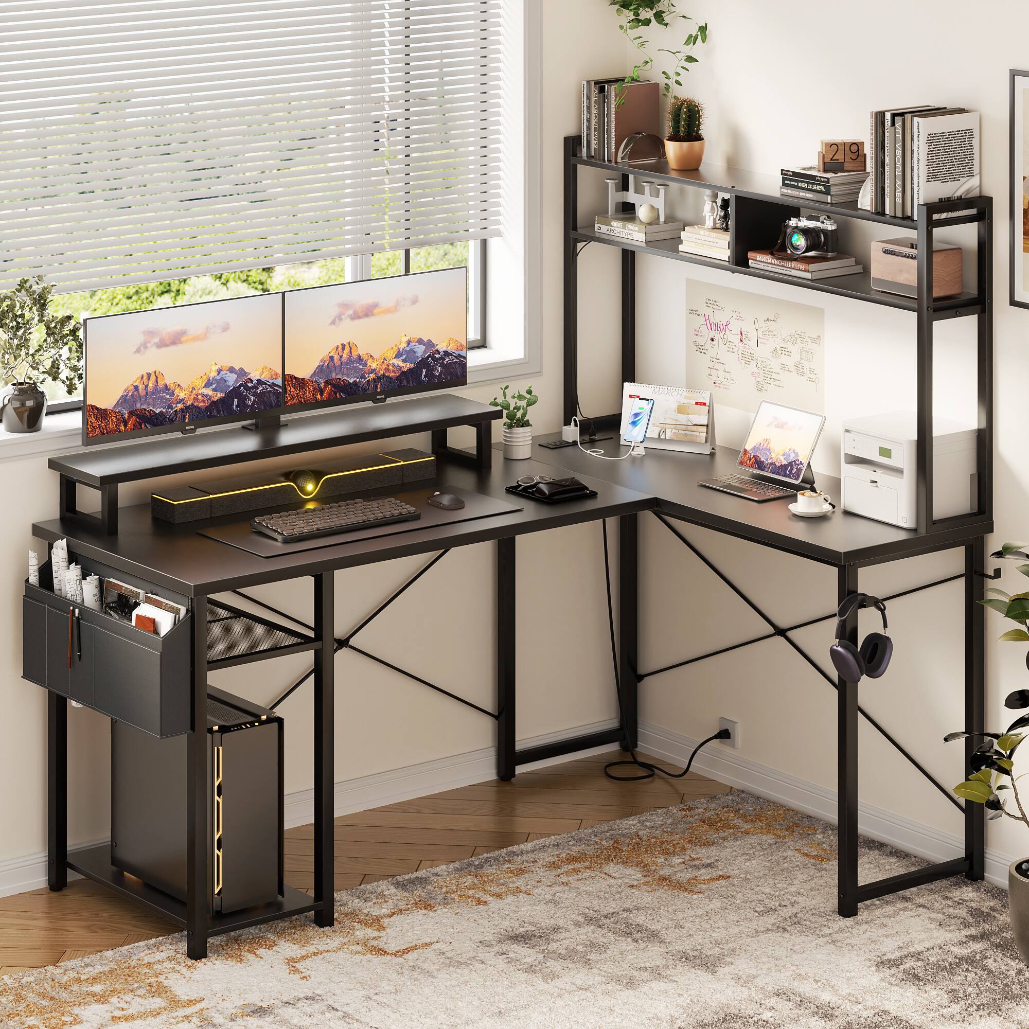 Aheaplus - Small Reversible L-Shaped Gaming Desk: LED Lights, Power Outlets, Monitor Stand & Storage for Home Office Corner - Black