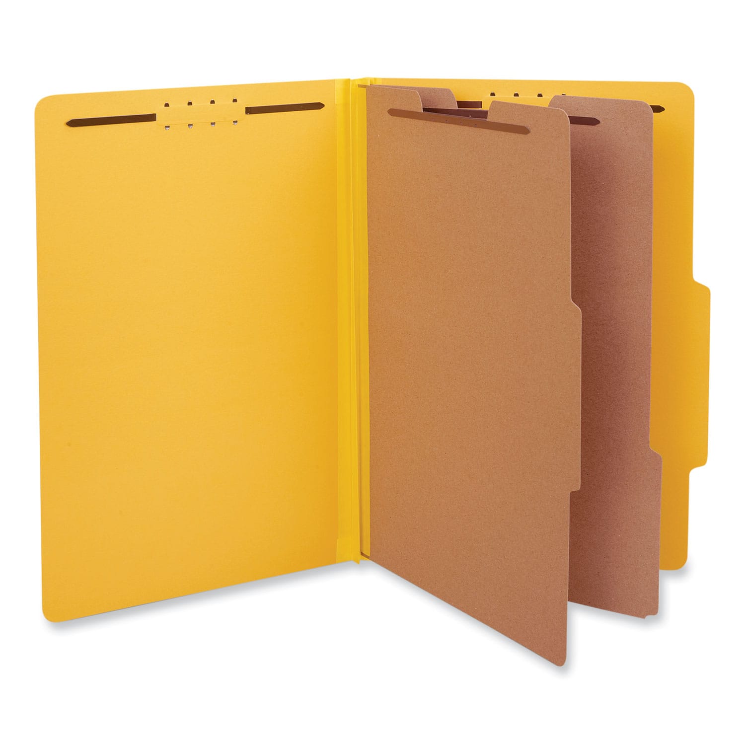 Universal - Bright Colored Pressboard Folders, 2" Expansion, 2 Dividers, 6 Fasteners, Legal Size, Yellow Exterior, 10/Box