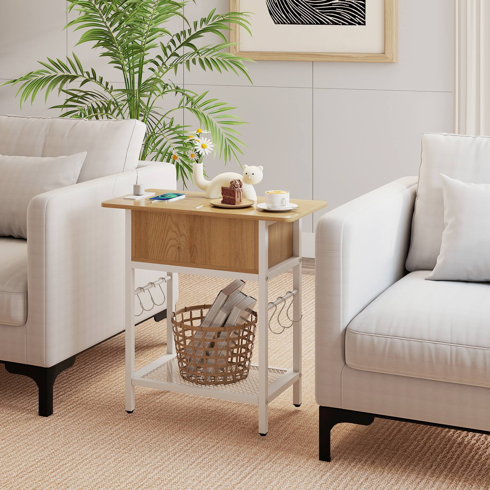Alt View 4. Costway - Costway End Table with Charging Station, Flip Top Sofa Side Table with USB Ports,Outlets&Shelf - Natural & White.