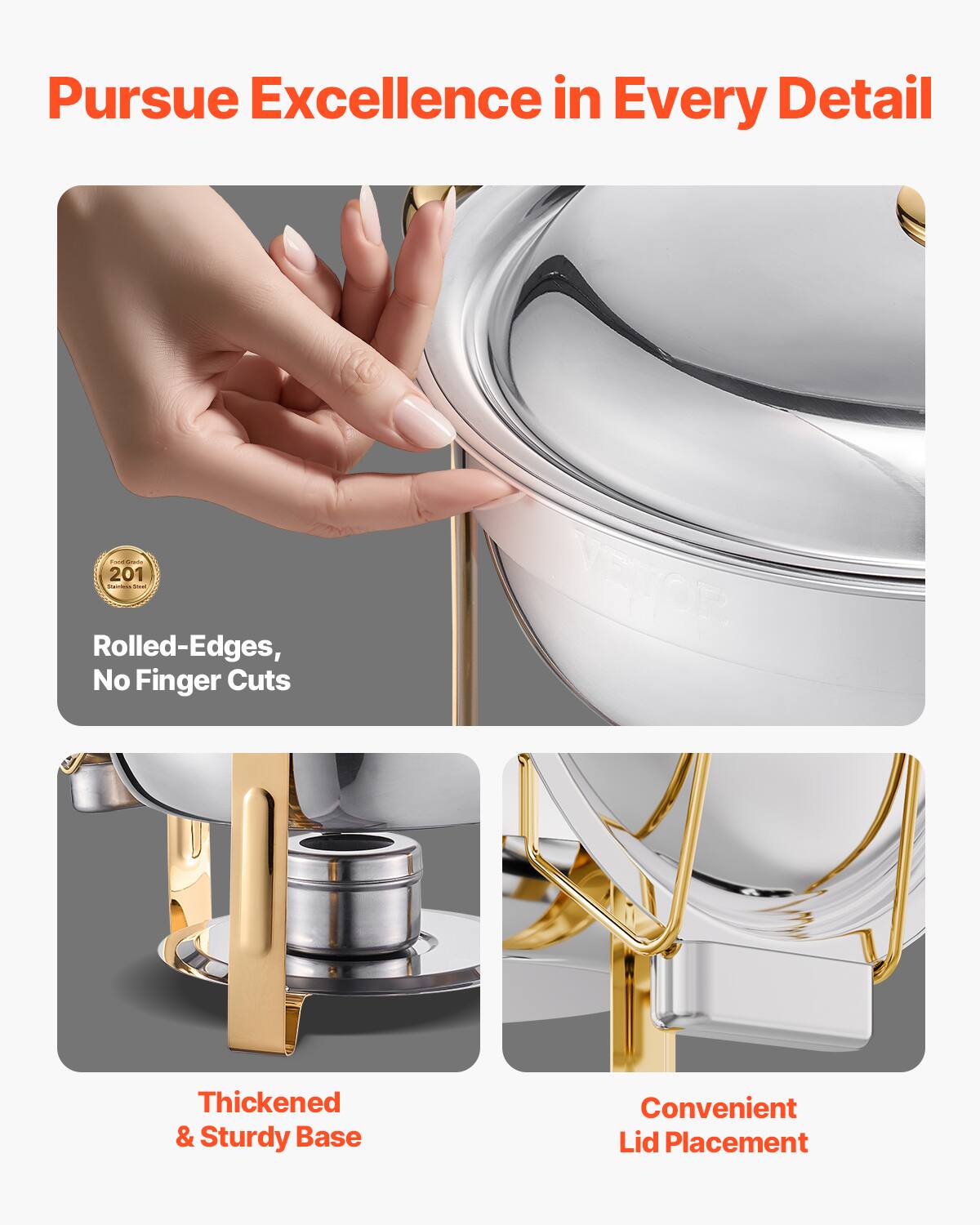 Pursue Excellence in Every Detail

201 - 1 Rolled-Edges, No Finger Cuts

VEVOR Thickened & Sturdy Base

Convenient Lid Placement