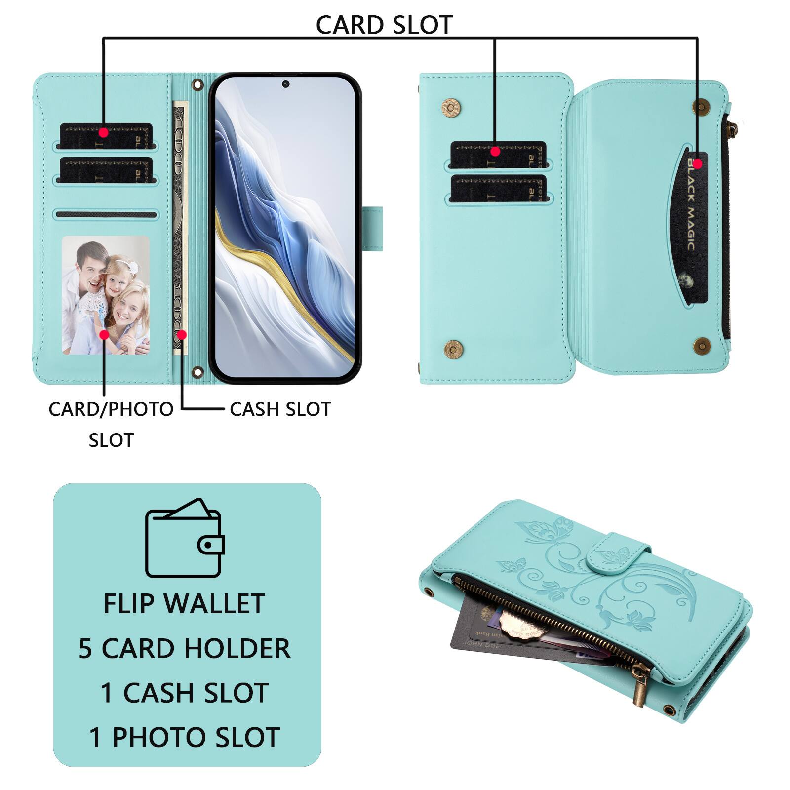 CARD SLOT  
CARD/PHOTO SLOT  
CASH SLOT  

FLIP WALLET  
5 CARD HOLDER  
1 CASH SLOT  
1 PHOTO SLOT  

BLACK MAGIC