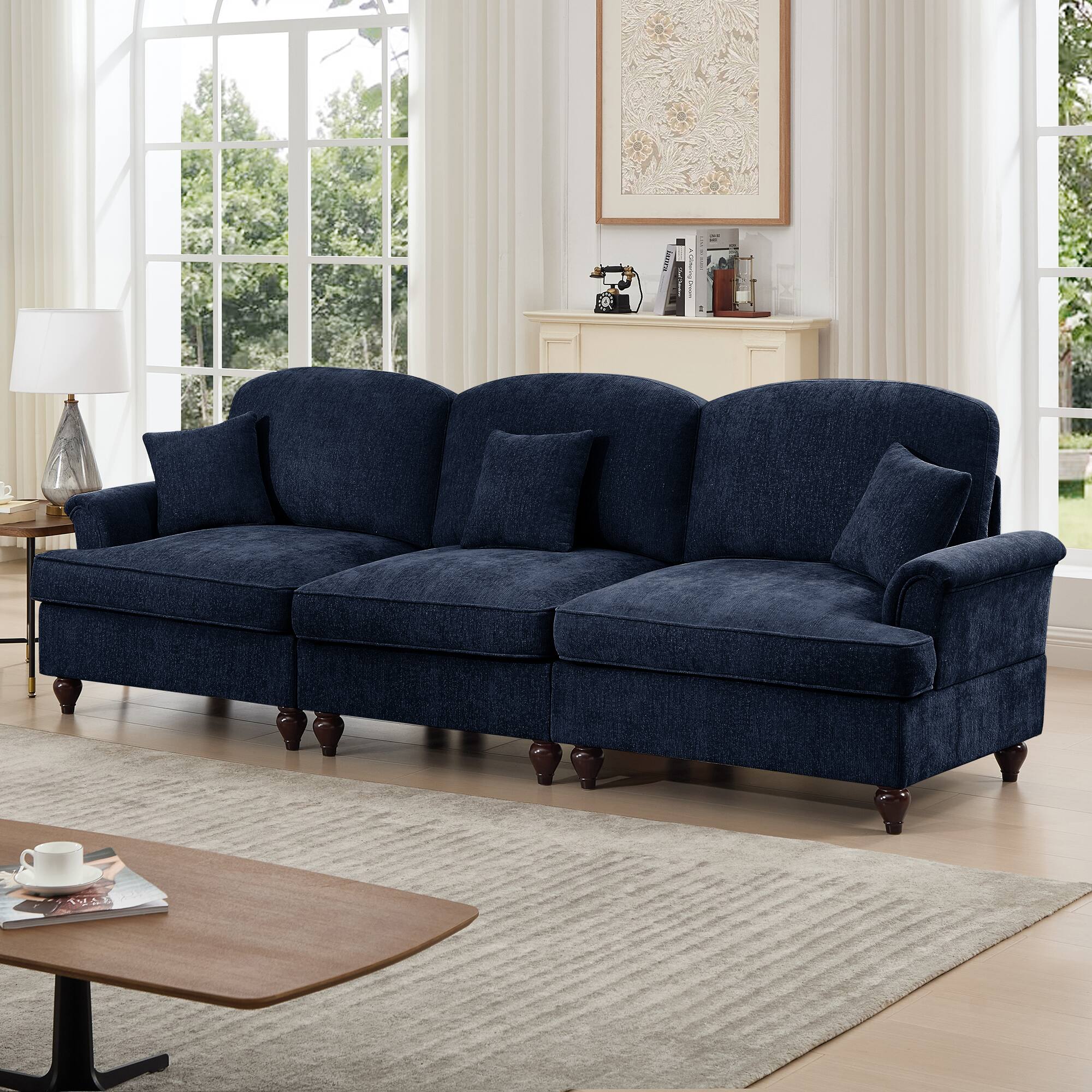 Angle. Anysun - Mid-Century Chenille 3-Seat Sofa - Flared Arms, Ruffled Skirt & Spindle Legs for Living Room - Blue.