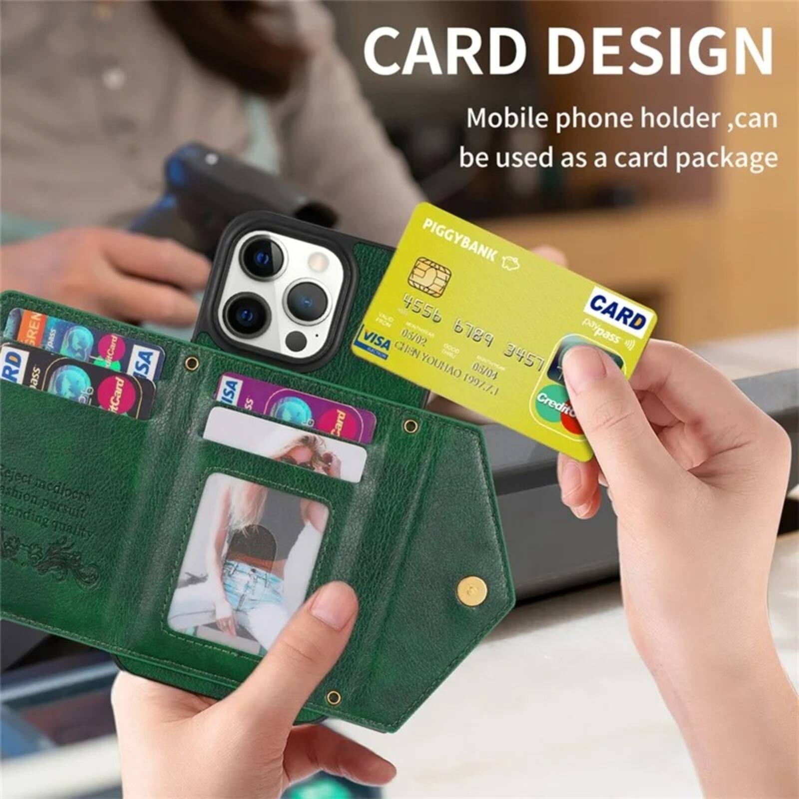 CARD DESIGN  
Mobile phone holder, can be used as a card package  

PIGGYBANK  
CARD  
4556 6789 3457  
05/02  
YOUHAO 05/04 1997.7.1  
CARD Credito