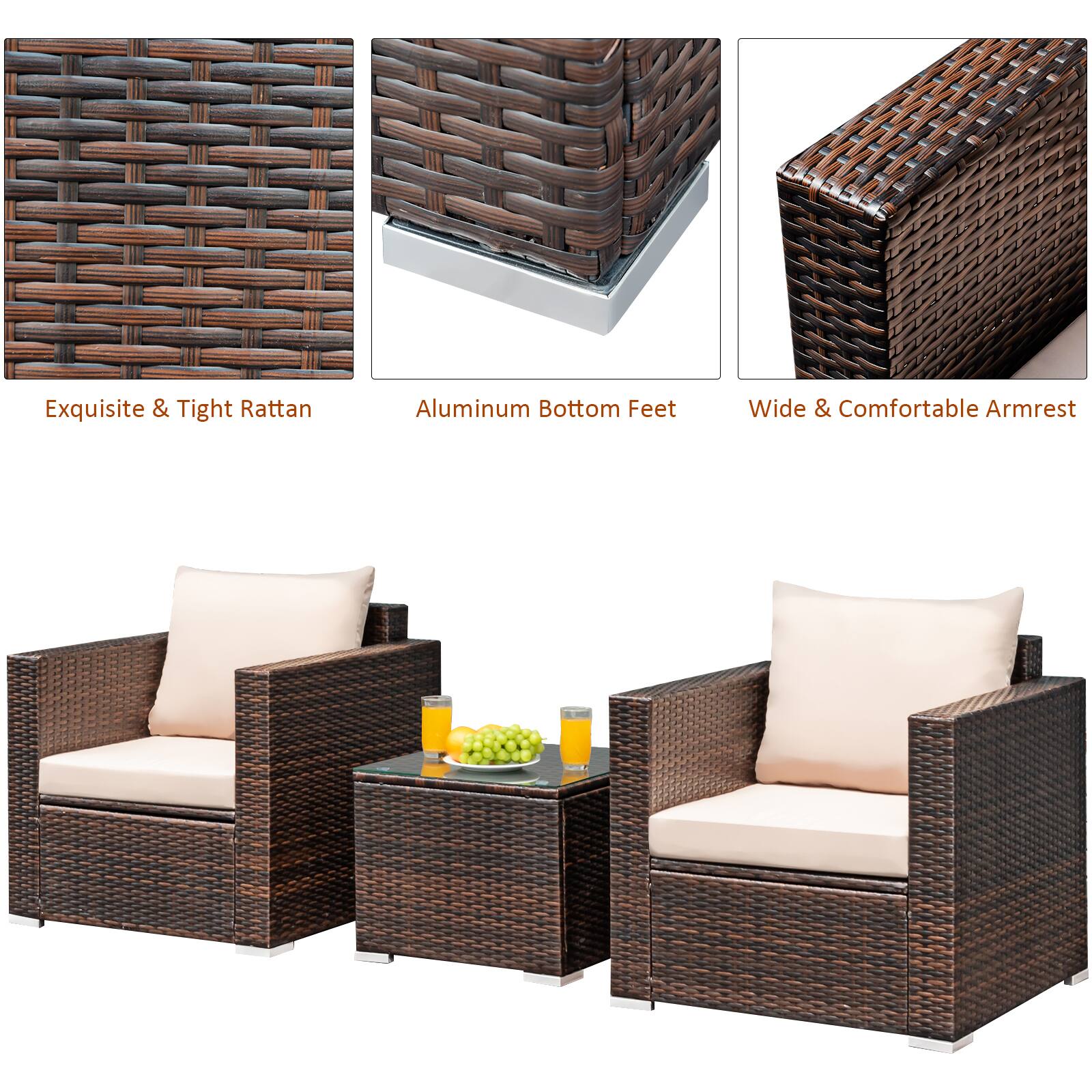 Exquisite & Tight Rattan, Aluminum Bottom Feet, Wide & Comfortable Armrest