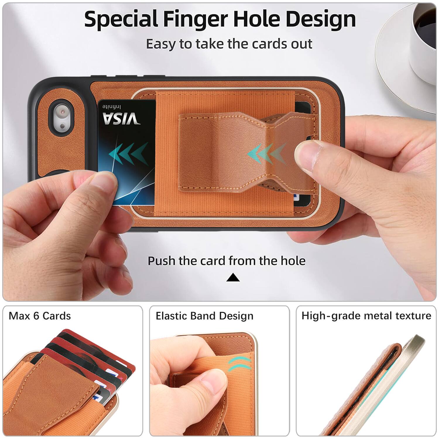 Special Finger Hole Design  
Easy to take the cards out  

Push the card from the hole  

Max 6 Cards  

Elastic Band Design  

High-grade metal texture