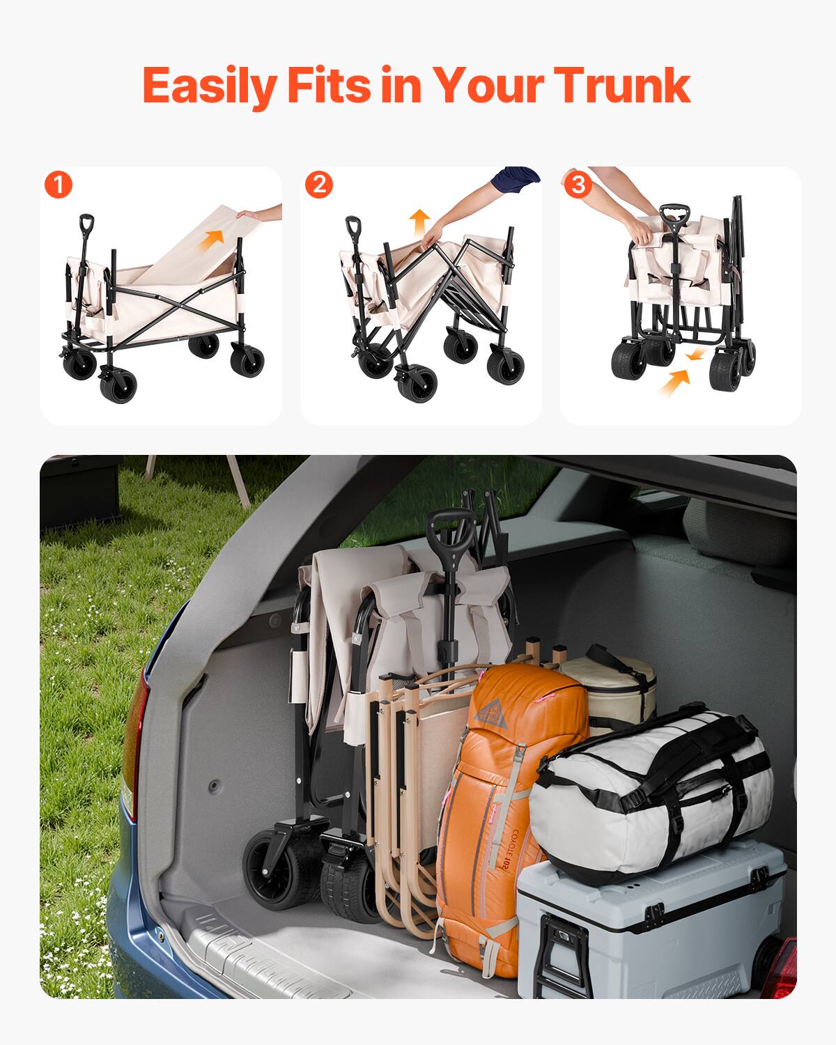 Easily Fits in Your Trunk

1. Fold the stroller.
2. Remove the wheels.
3. Store in the trunk.