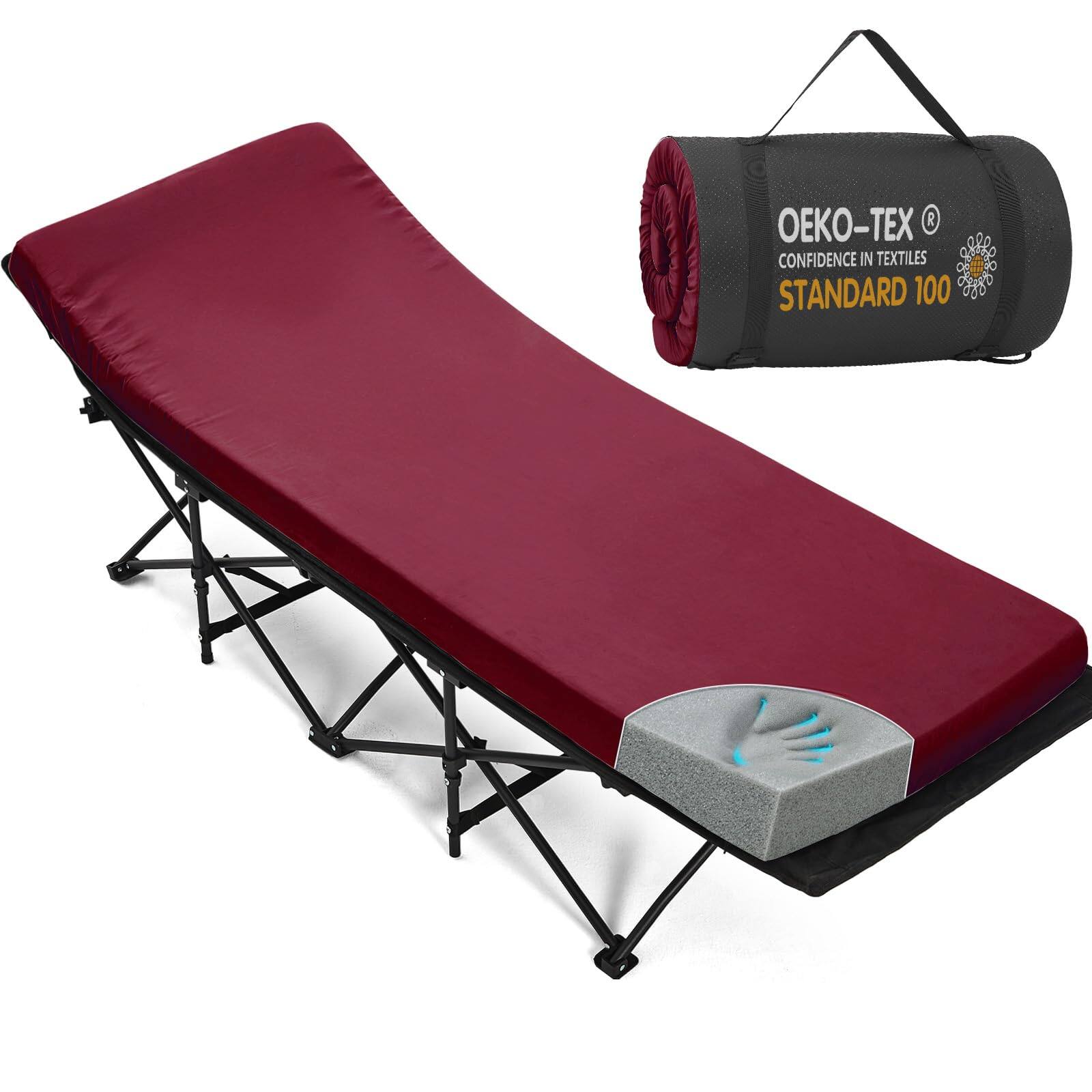 Fabibe - Camping Mattress 2in Memory Foam Sleeping Pad Soft Warm Non-slip Topper With Retaining For Adults Portable Roll Up Trave - Wine red COT